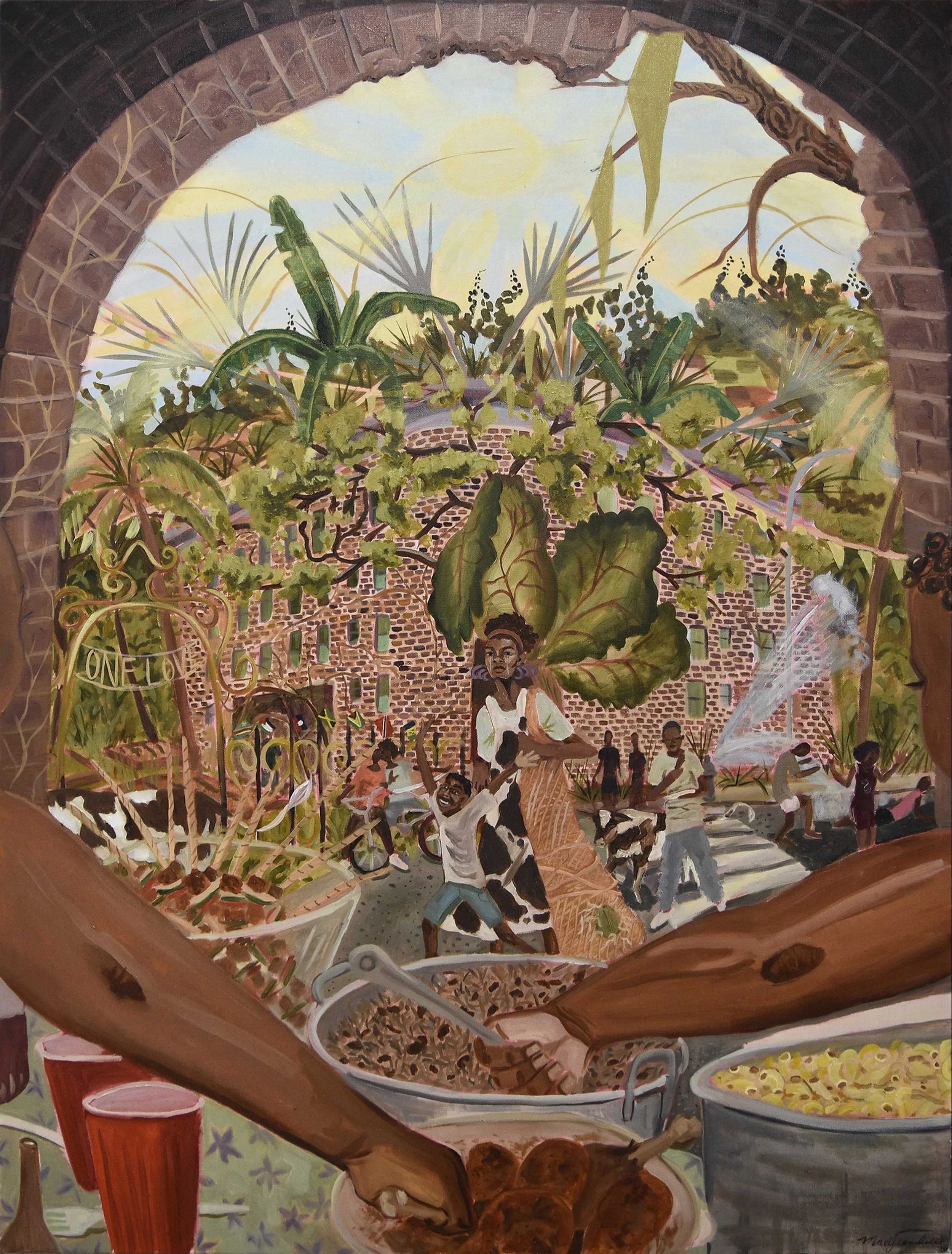    Kale Lady (Don’t Hurt Your Back),   2024, oil on canvas, 36 x 48 inches 