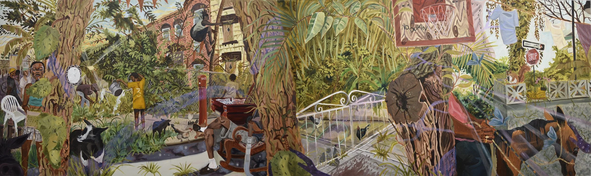    Lakou of Resistance, Ode to Caretakers,   2024, oil on canvas, 36 x 120 inches (diptych) 