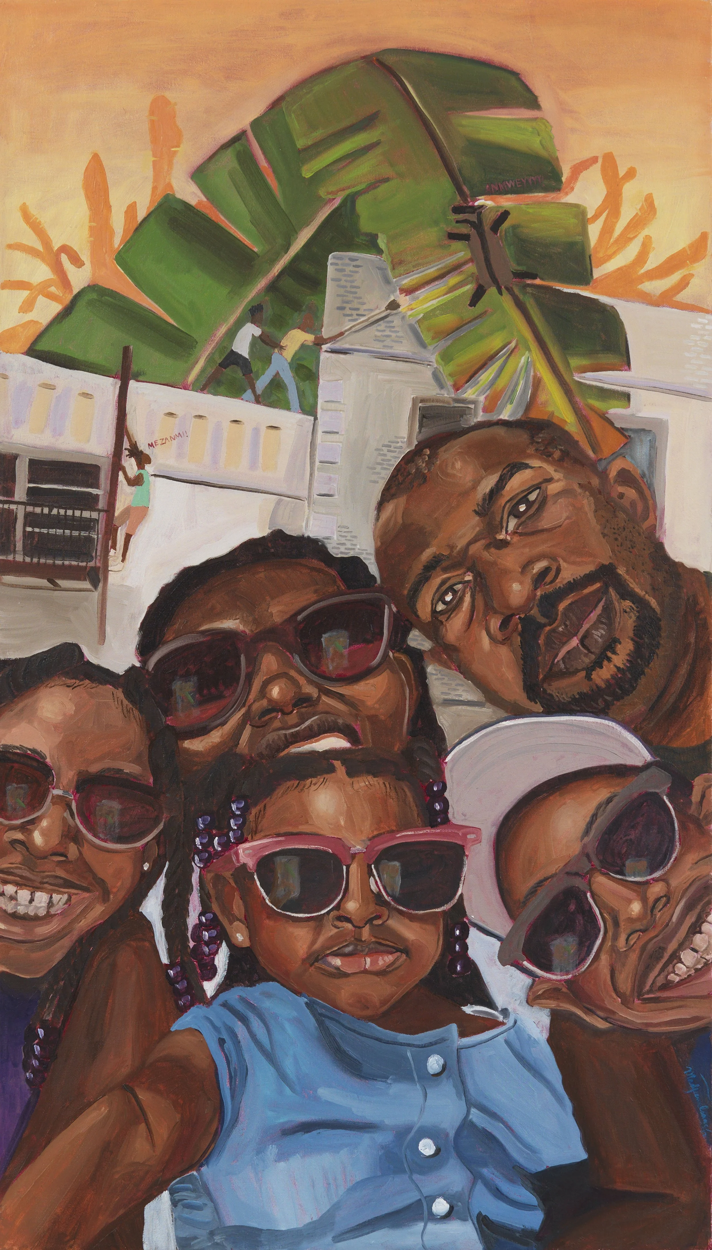    ann fè yon foto! (Let's Take a Photo!)  , 2022, oil on canvas, 24 x 42 inches   *in private collection * 