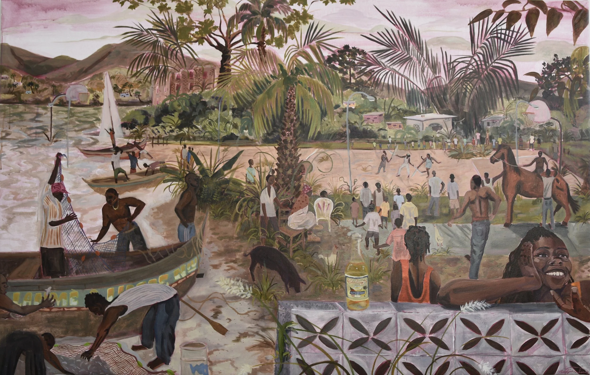    Holding Court: Tire Machèt and the Sea,   2025,oil on canvas, 44 × 60 inches 
