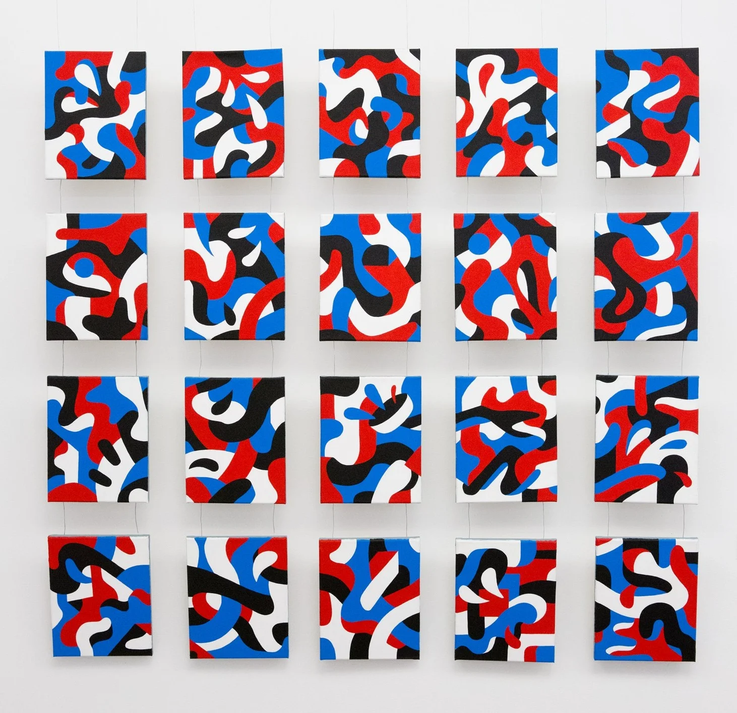 a landscape painting - 2018 canvas, acrylic, screws, wire & shower rods (shower rods not shown)