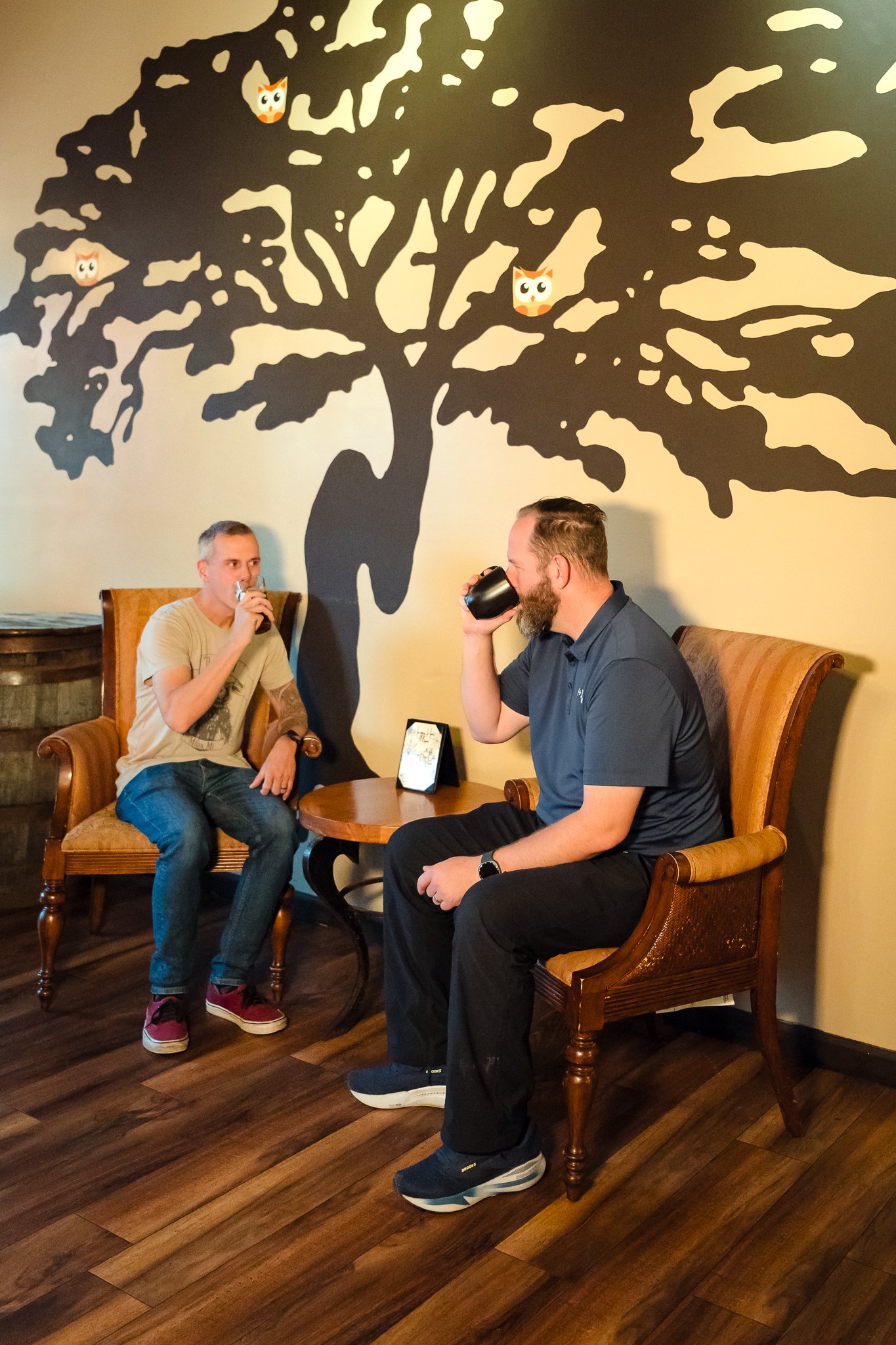 Two men sitting in a café or bar, drinking beverages. One is sitting on a cushioned wooden armchair, and the other on a similar chair, with a small table between them. There is a large, stylized black tree with three cartoon owl illustrations on the 