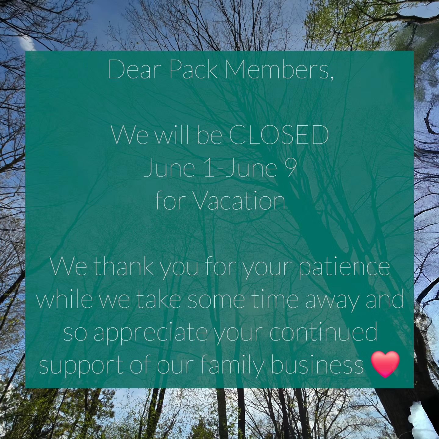 🐾🍃Dear Pack Playtime members🍃🐾

During the week of June 1st to June 9th, Pack Playtime will be CLOSED as our team will be taking a vacation to rest and recharge ✨️ We value your continued support of our family business and appreciate your patienc