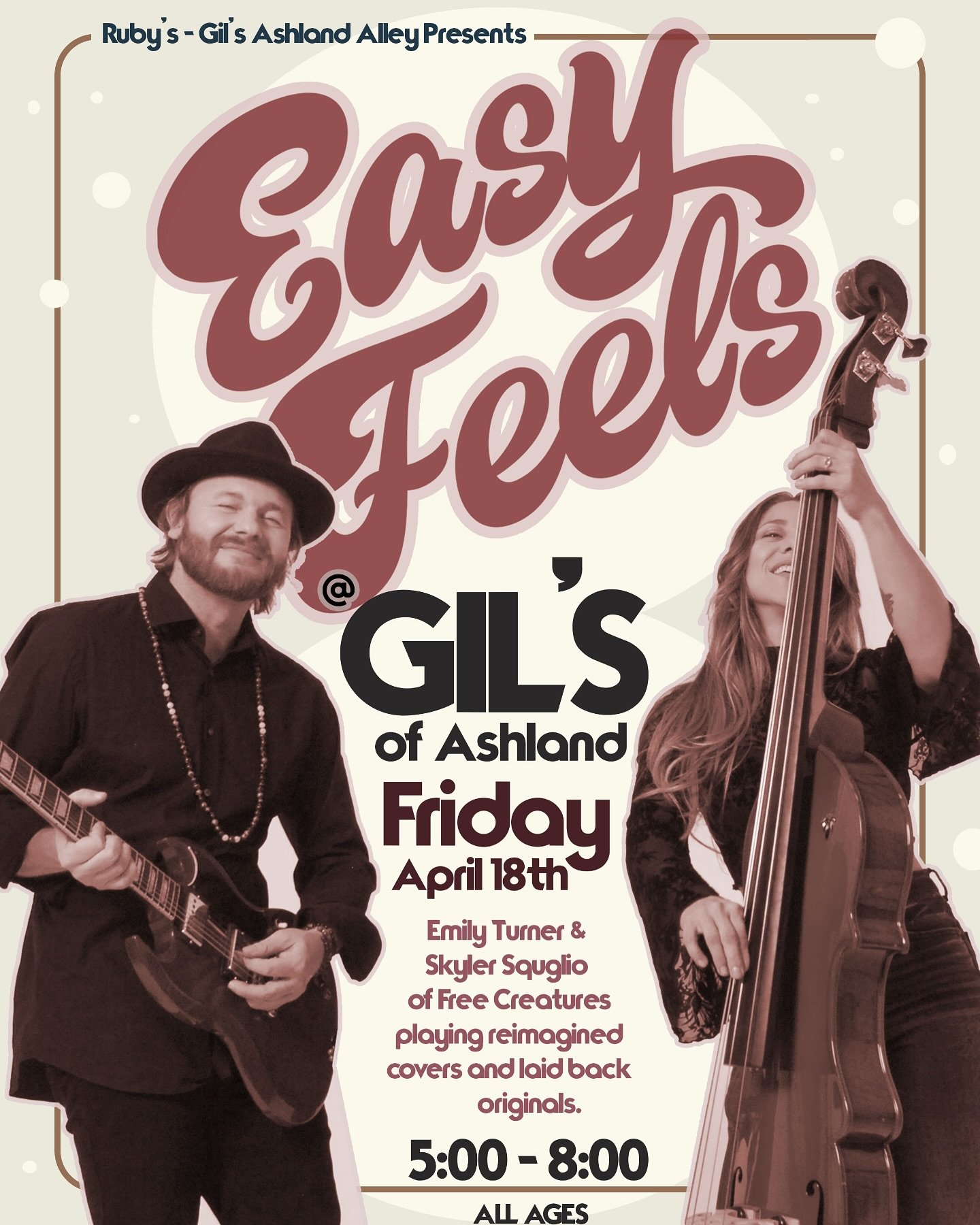 ASHLAND - NO COVER - ALL AGES ! Me and @skylersquglio gonna be vibin it up at @gilsofashland THIS FRIDAY !!! 
.
We play og&rsquo;s and covers in fun weird ways- we call it easy feels because that&rsquo;s the energy we want to cultivate during our sho