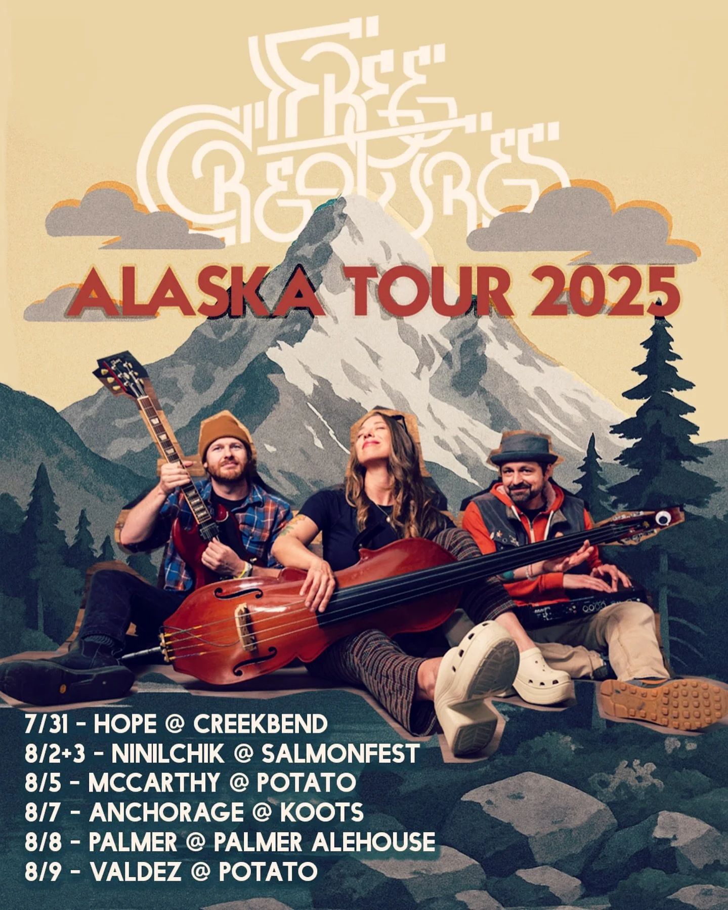 Mama I&rsquo;m Comin Home 🗻❤️&zwj;🔥
.
Free Creatures AK Tour 2025

7/31 - Hope @creekbendcafe 
8/2+3 - Ninilchik @salmonfest 
8/5 - McCarthy @thepotatoak 
8/7 - Anchorage @koots907 
8/8 - Palmer @palmeralehouse 
8/9 - Valdez @potatoheadvaldez