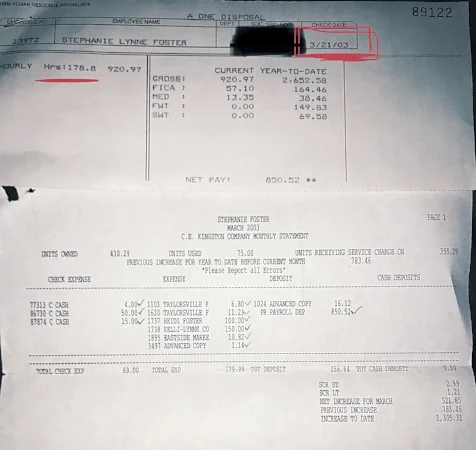 One of Jessica's (Stephanie Foster at the time) statements reflecting her monthly hours of 178, which averages out to about 44 hours a week. She was 14 years old, it was March. She should have been in school.