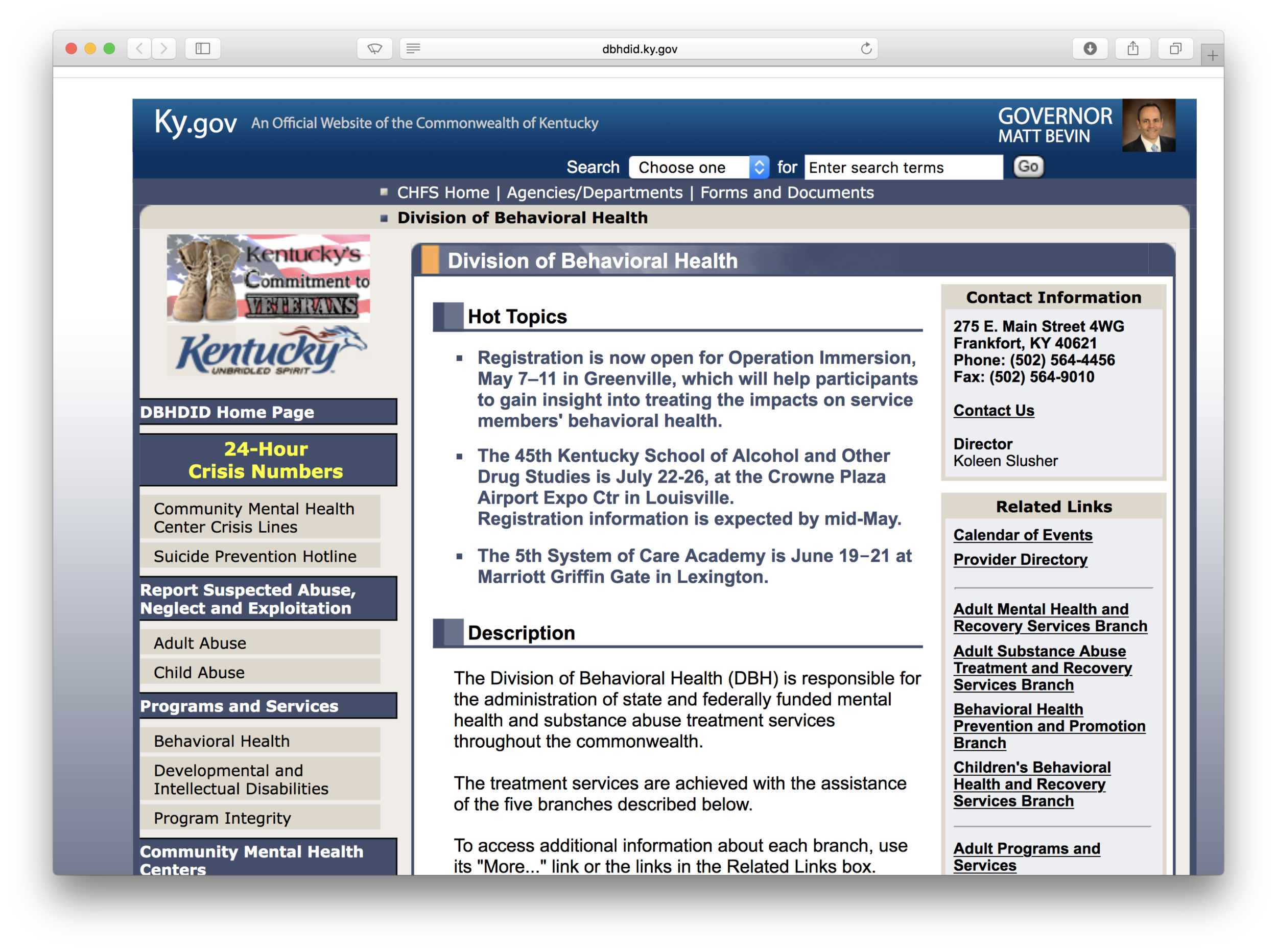 Kentucky Cabinet for Health and Family Services – Department for Behavioral Health, Developmental and Intellectual Disabilities Prevention and Promotion Branch