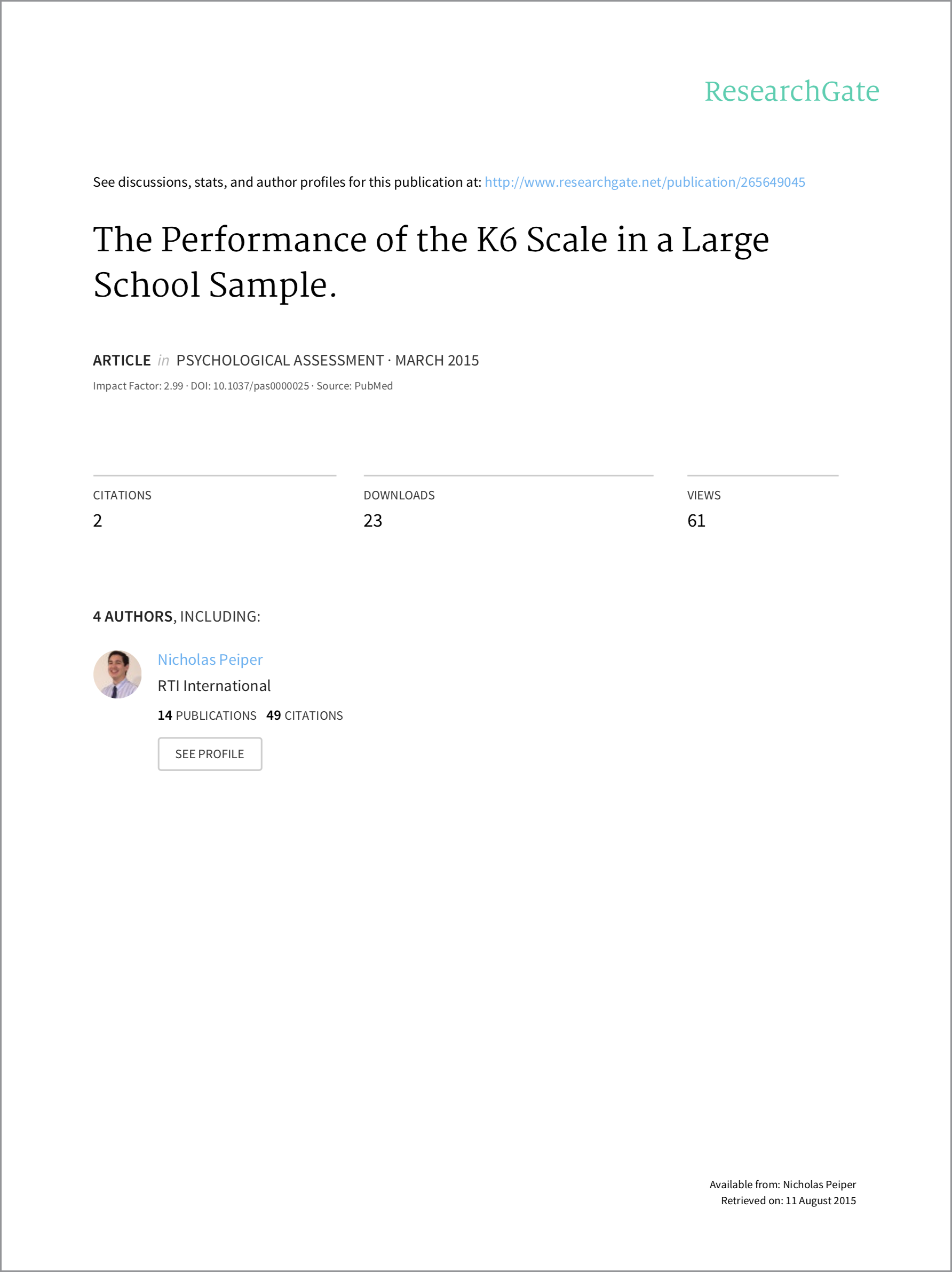 The Performance of the K6 Scale in a Large School Sample. (2015)