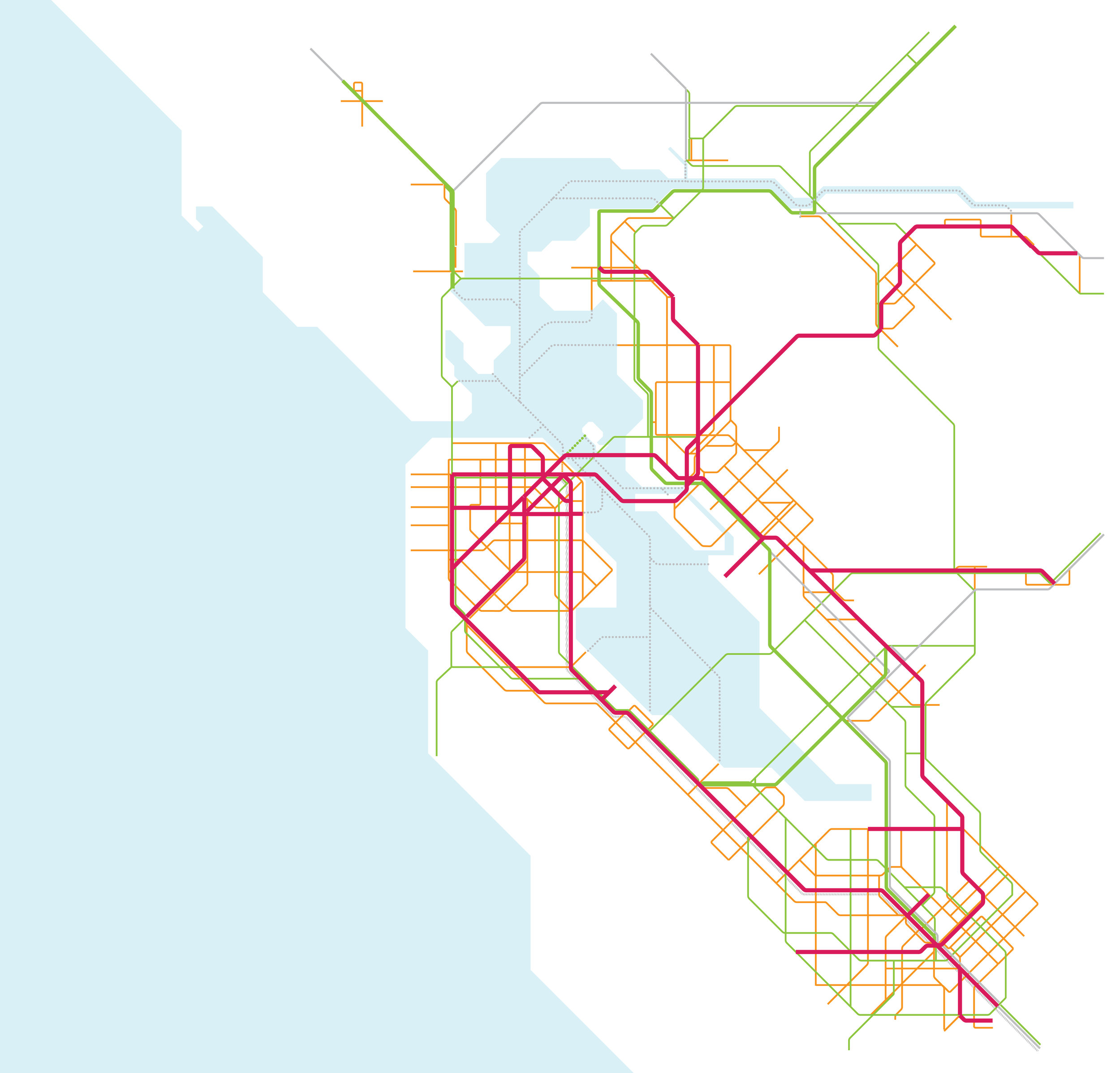 Increase bus service to create a network of rapid bus lines that bypass traffic on major streets throughout the Bay Area, connecting to regional hubs;