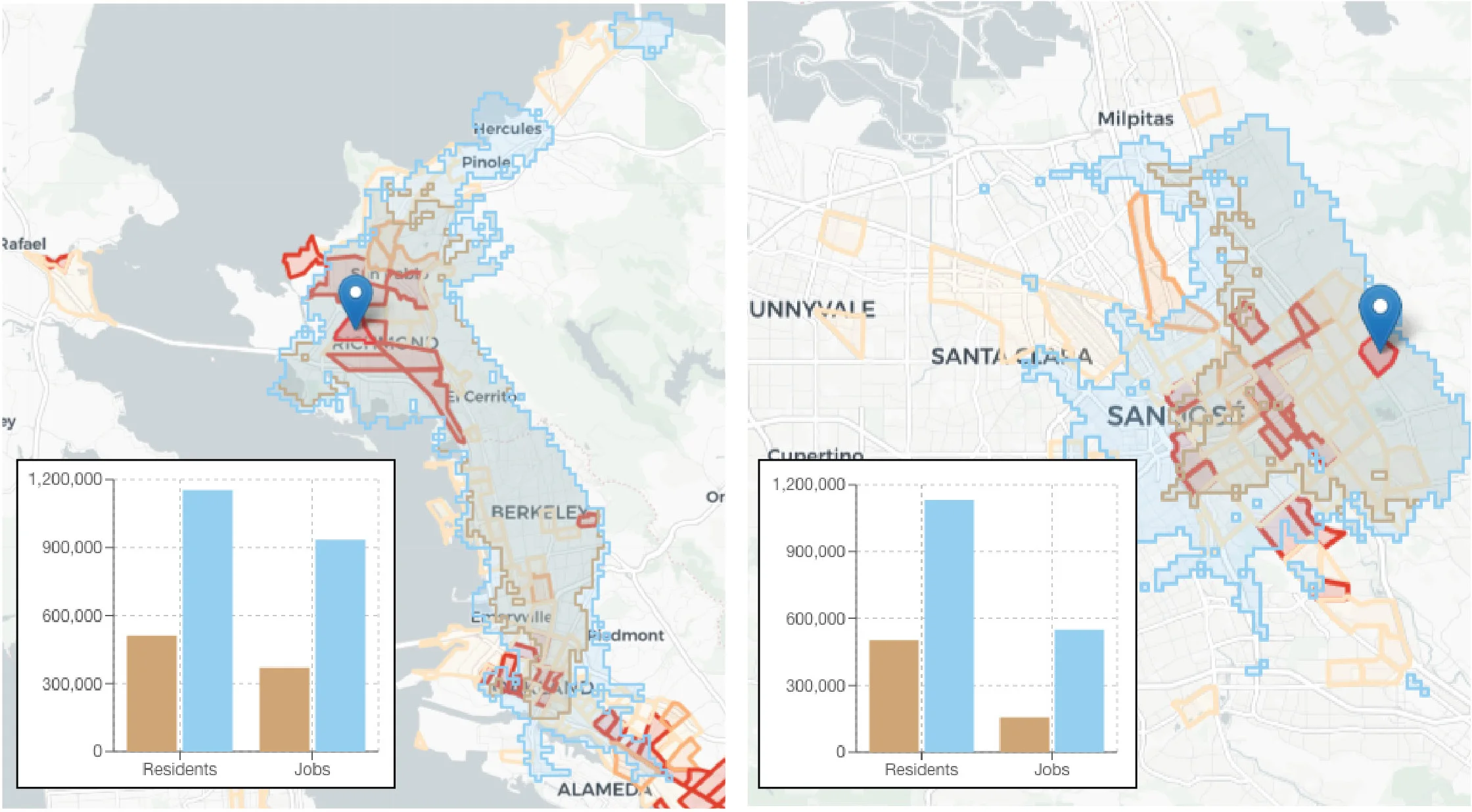The maps above show the number of jobs accessible from Richmond (Iron Triangle) and East San Jose, using Accessibility Analysis tool created by Interline . The brown polygon highlights the area accessible within 60 minutes by transit currently; the blue polygon highlights thea area accessible within 60 minutes by transit using the Seamless Vision Map network.