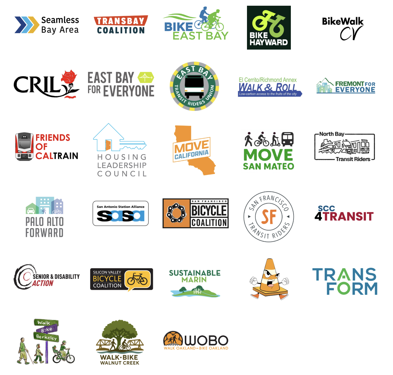 Logos of 27 transit, safe streets, housing, and disability rights advocacy organizations who co-sponsored this Bay Area Transportation Candidate Questionnaire for the November 2026 General election.