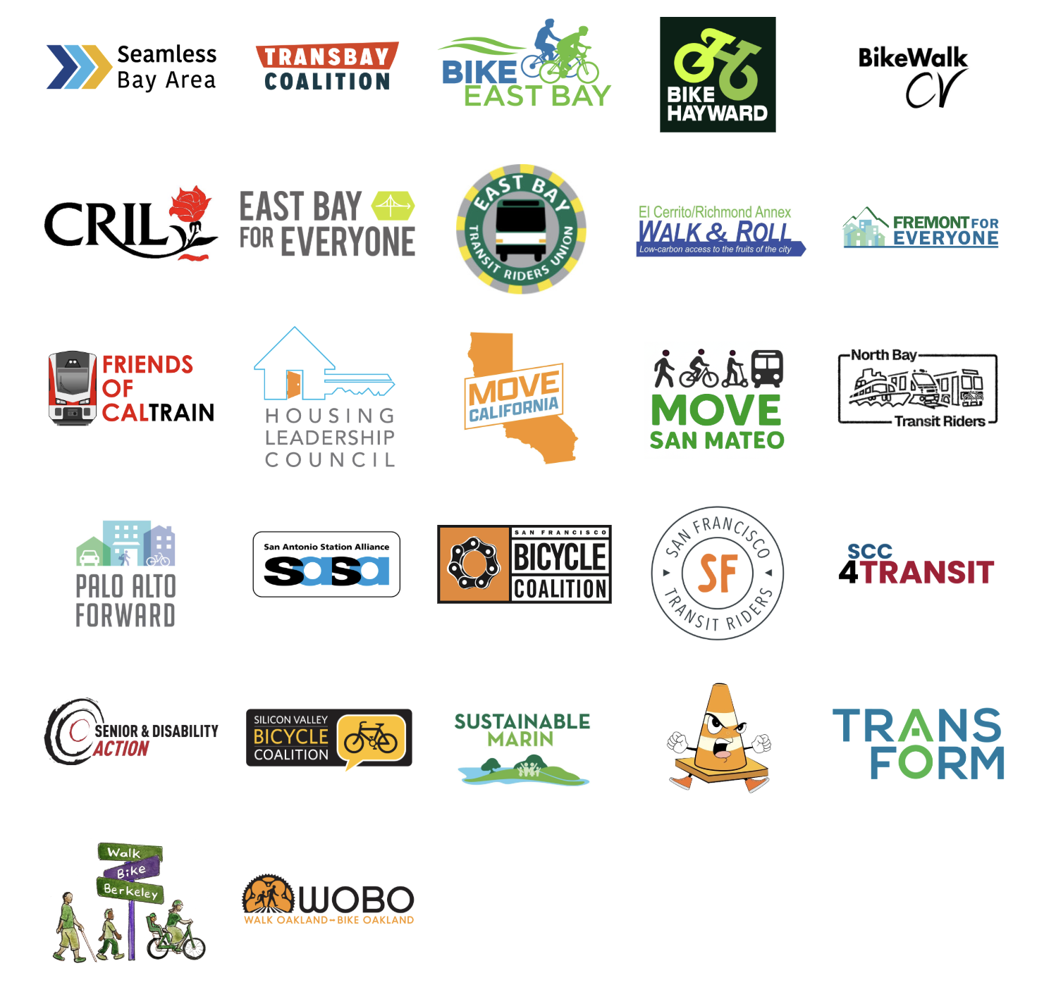 Logos for the 27 organization co-sponsors of the Bay Area Transportation Candidate Questionnaire for the 2026 November General Election