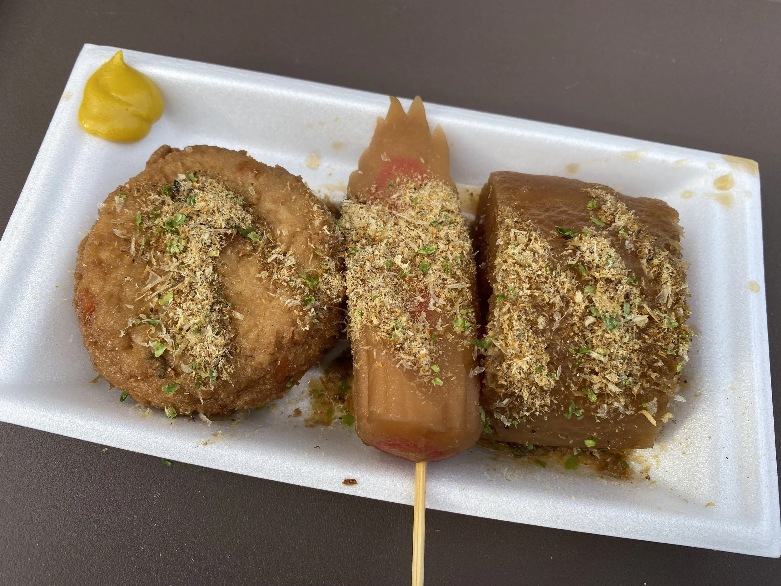 Shizuoka Oden, characterized by the dashi powder on top