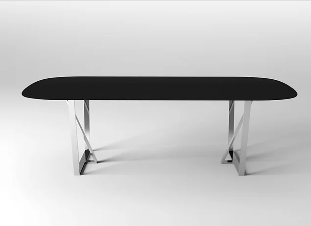  TABLE MARTIN: mirror polished stainless steel structure with carbon fiber top – 100cmX240cmX74cm  Soft lines and simple design define this extra light table.. Martin combines a steel frame with a thin sheet of carbon fiber and has rounded corners an