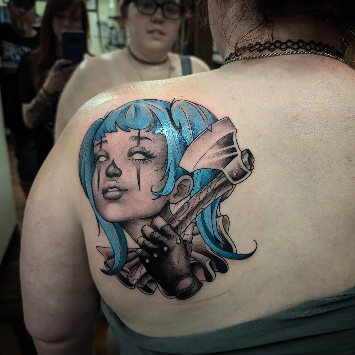 Drawn while you wait. 💯 I love when clients have an idea with no references. So much room to play!
Killer clown, black and grey with blue hair and a hatchet. To remind her to always bring a little levity to the party. 🖤
Super fun!