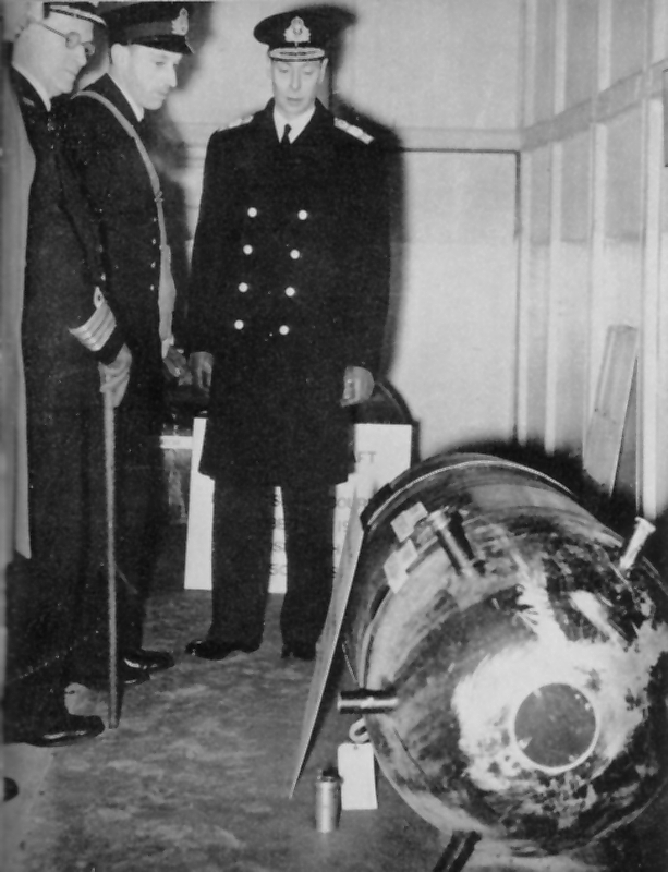 King George VI viewing Ouvry's mine at HMS VERNON on 19 December 1939