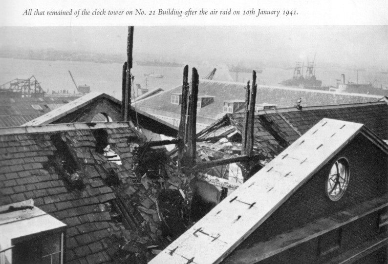 Jan/Mar 1941 - Bomb damage to Vulcan Building clock tower at HMS VERNON
