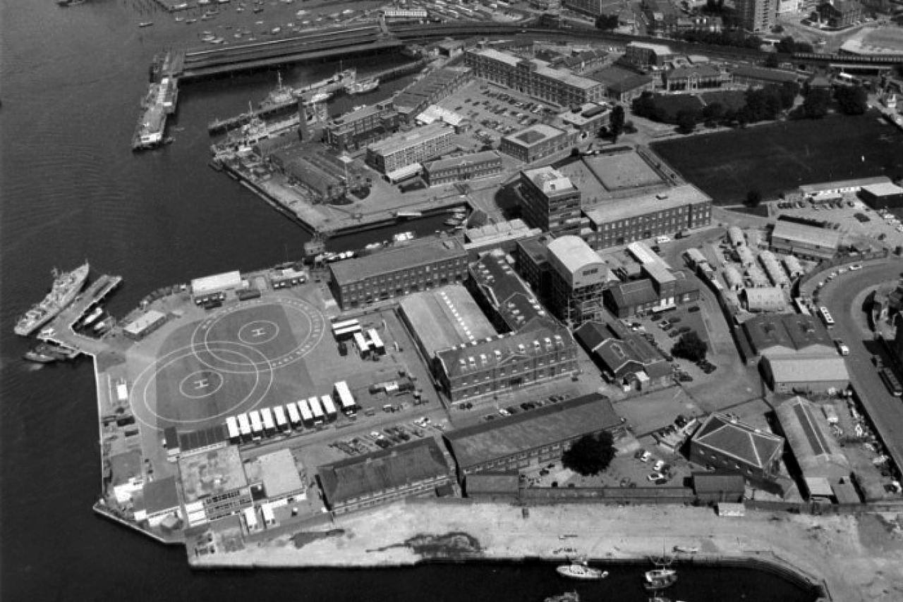 Aerial view of HMS VERNON in 1982