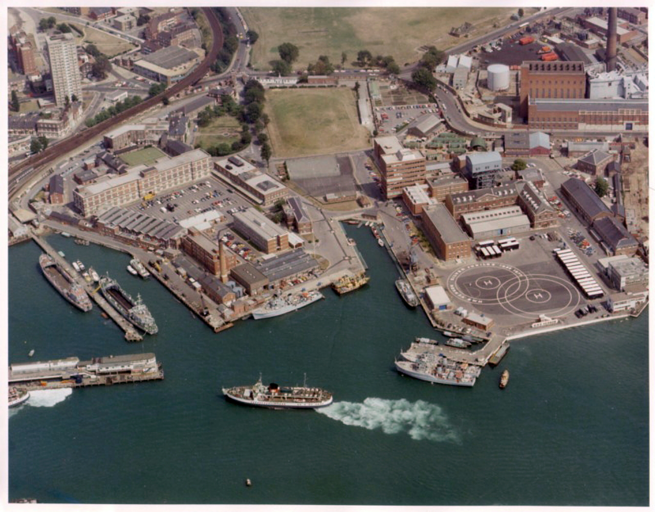 Aerial view of HMS VERNON in 1977