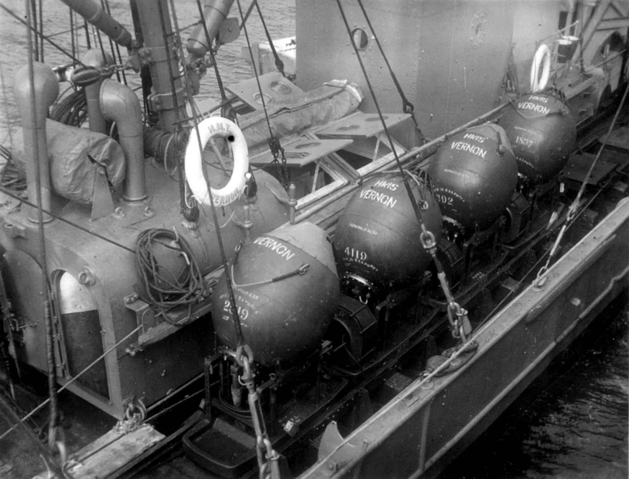Controlled mines on board HMT Vernon.jpg
