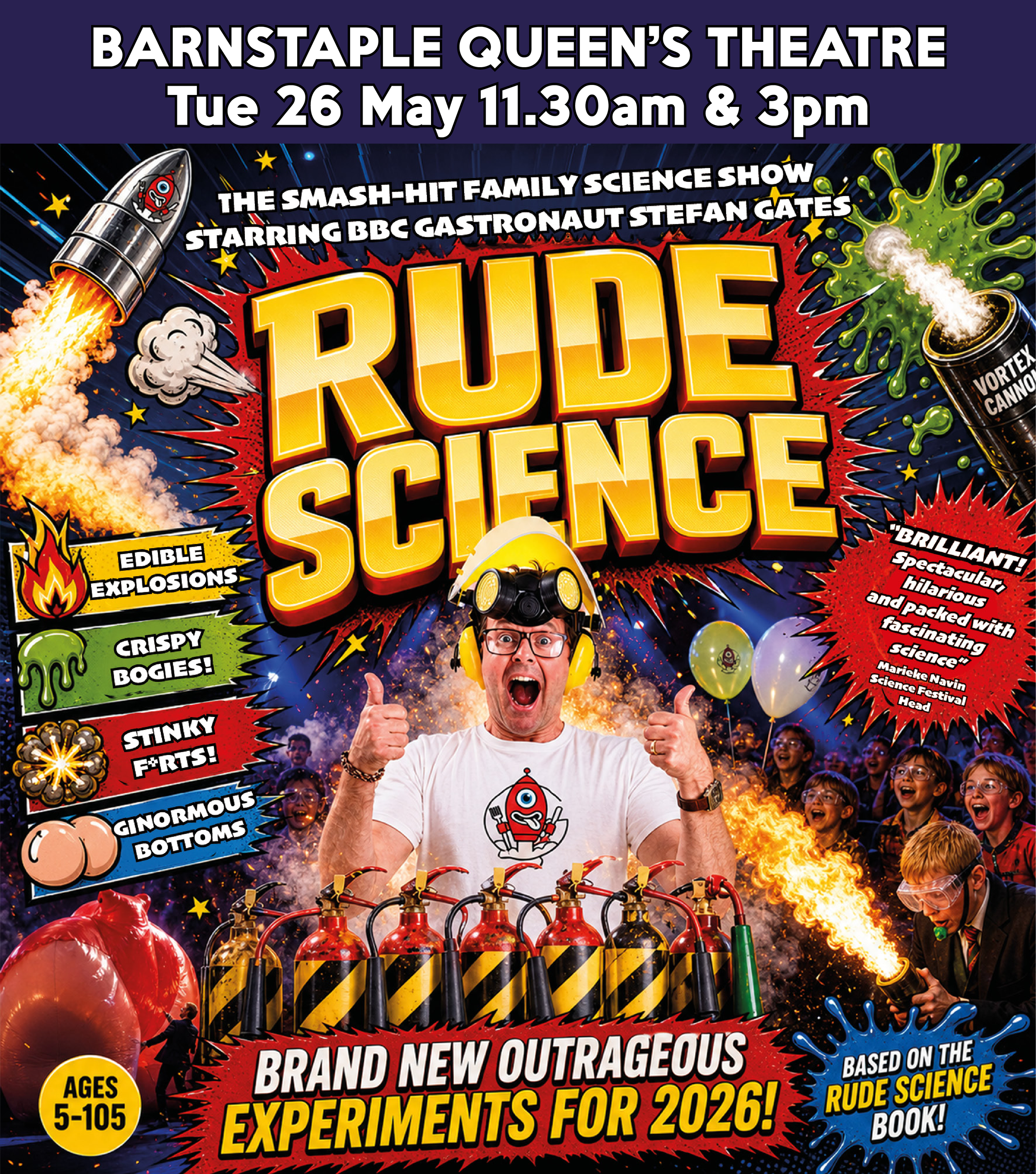 Show poster for Rude Science family theatre show in Barnstaple starring Stefan Gates