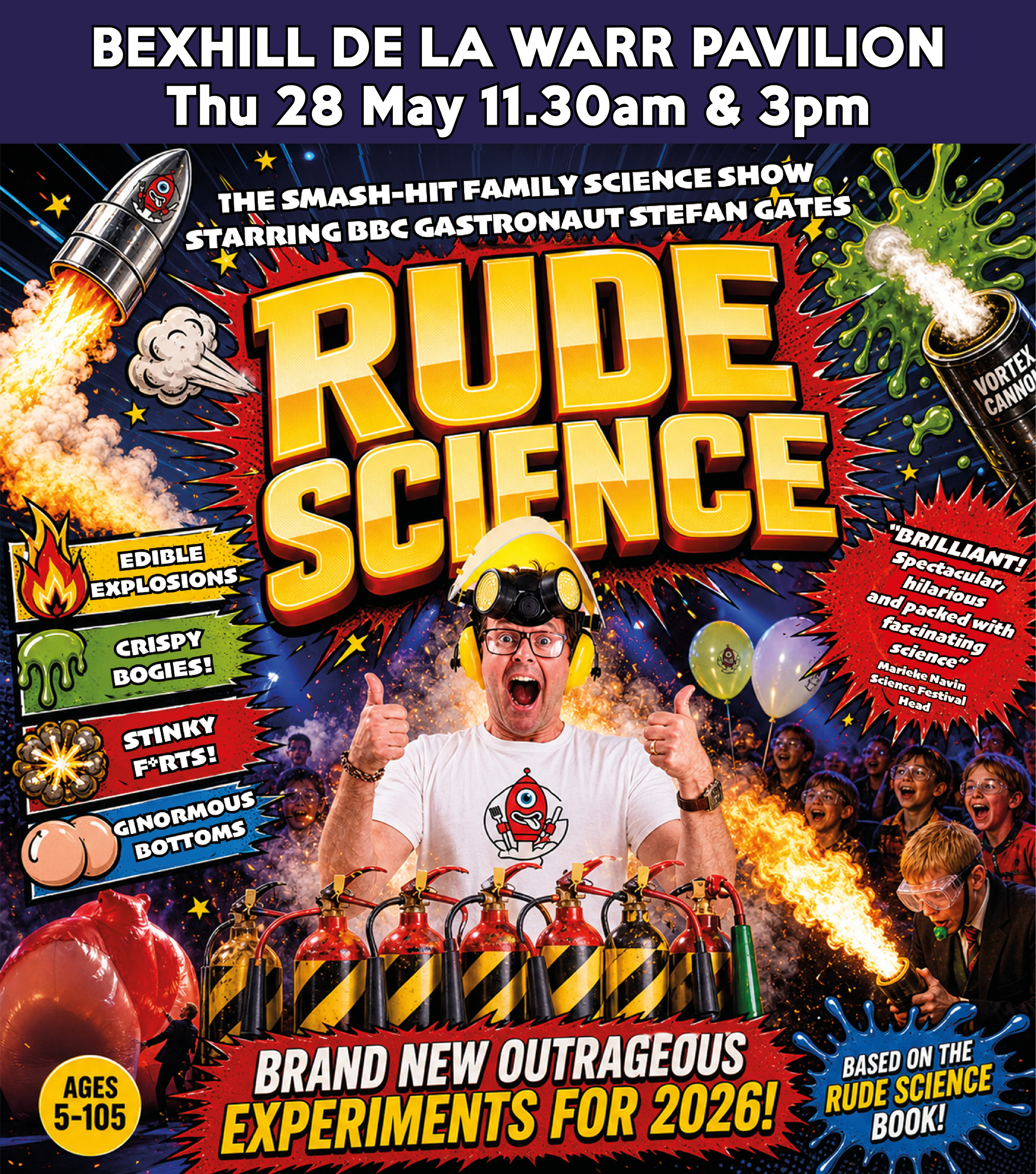 Show poster for Rude Science family theatre show in Bexhill starring Stefan Gates