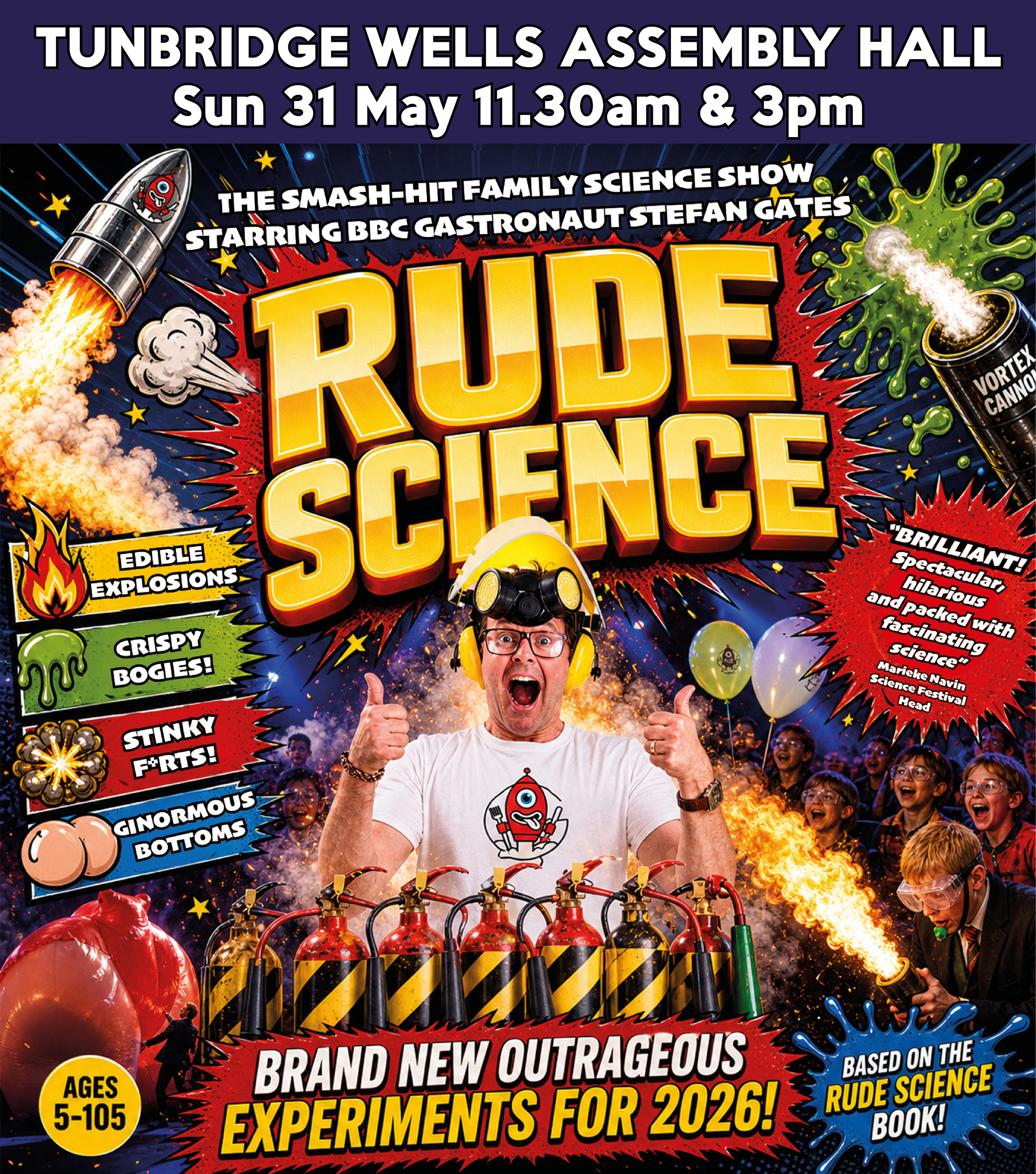Show poster for Rude Science family theatre show in Portsmouth starring Stefan Gates