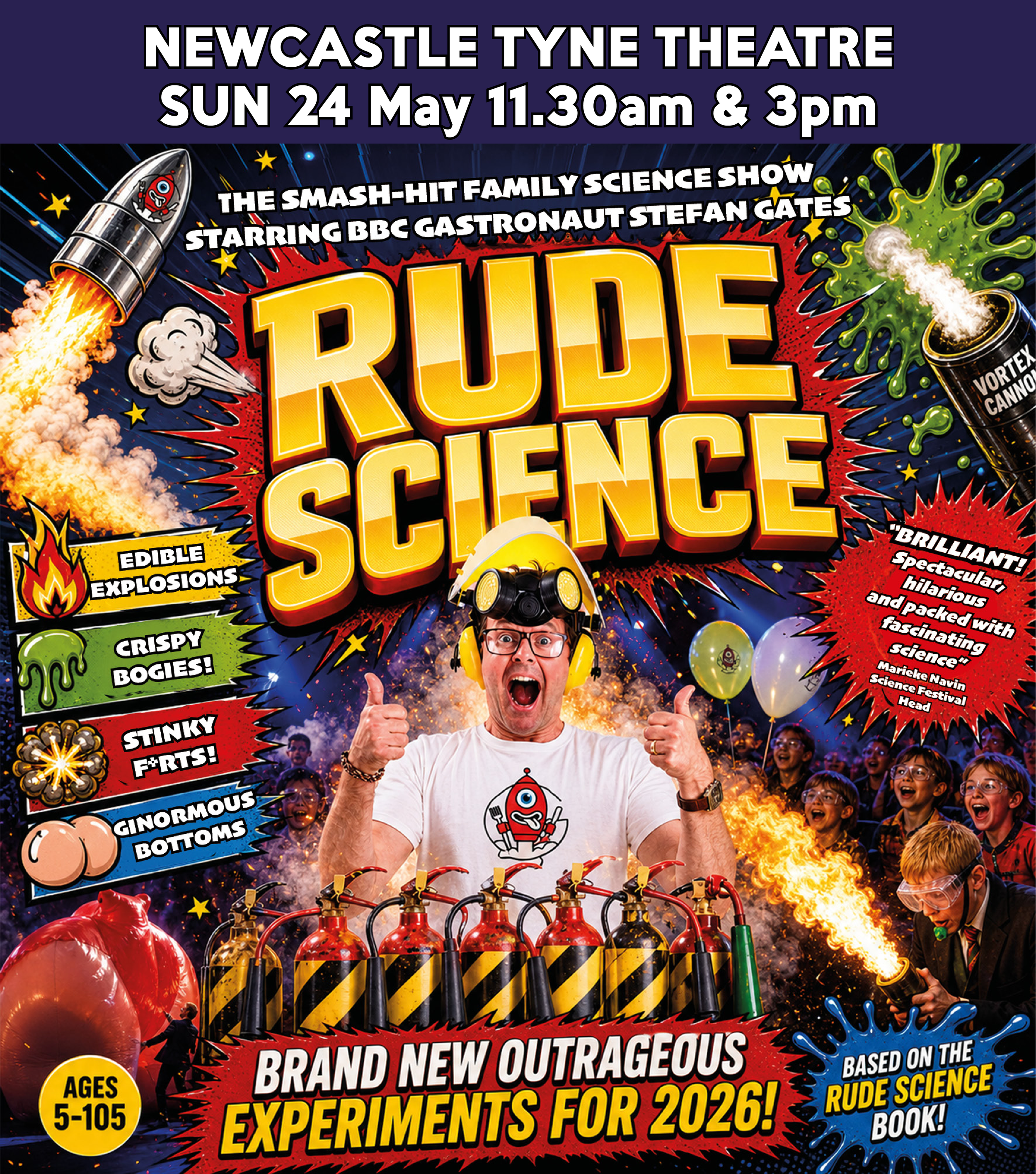 Show poster for Rude Science family theatre show starring Stefan Gates