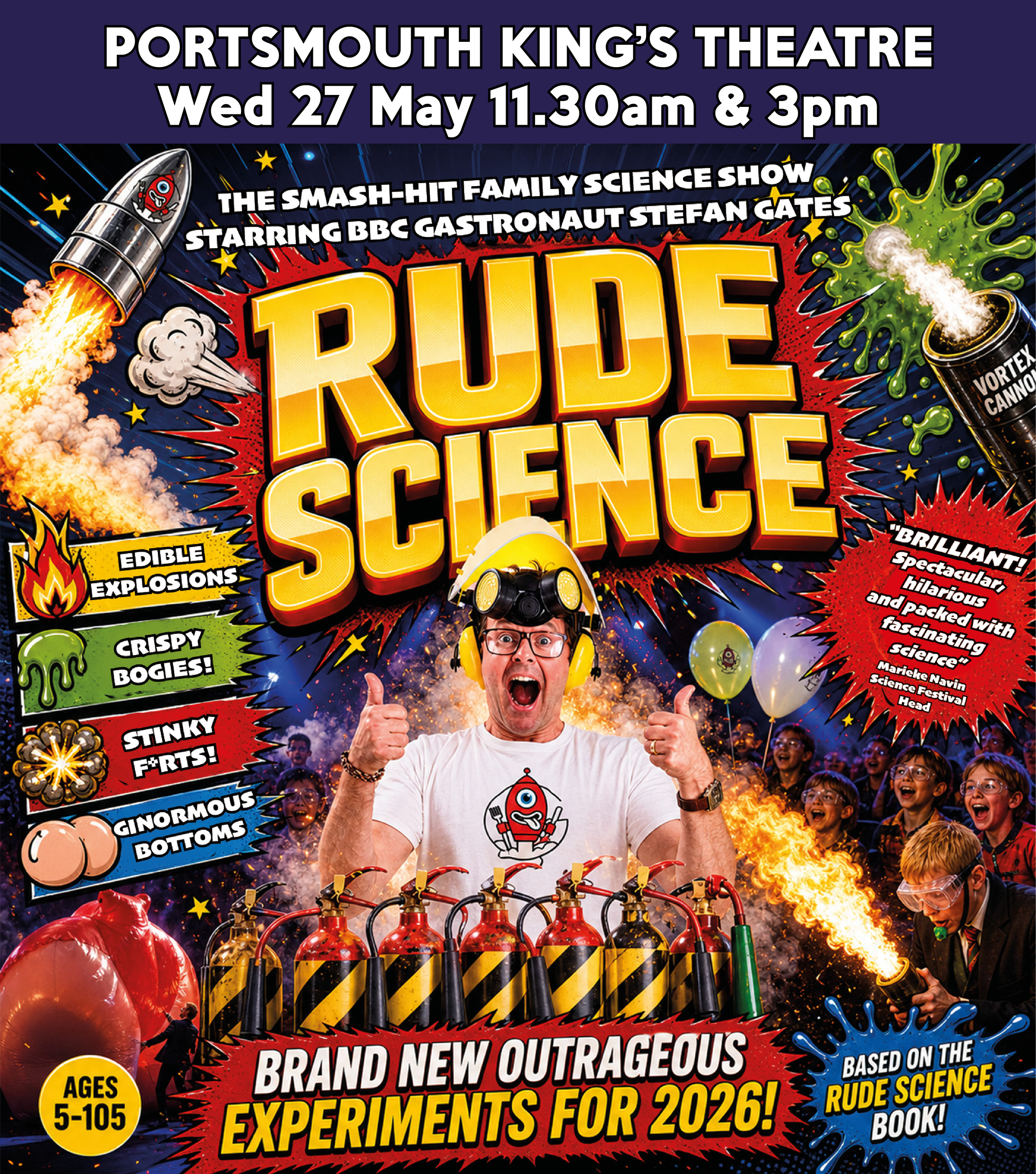 Show poster for Rude Science family theatre show in Portsmouth starring Stefan Gates