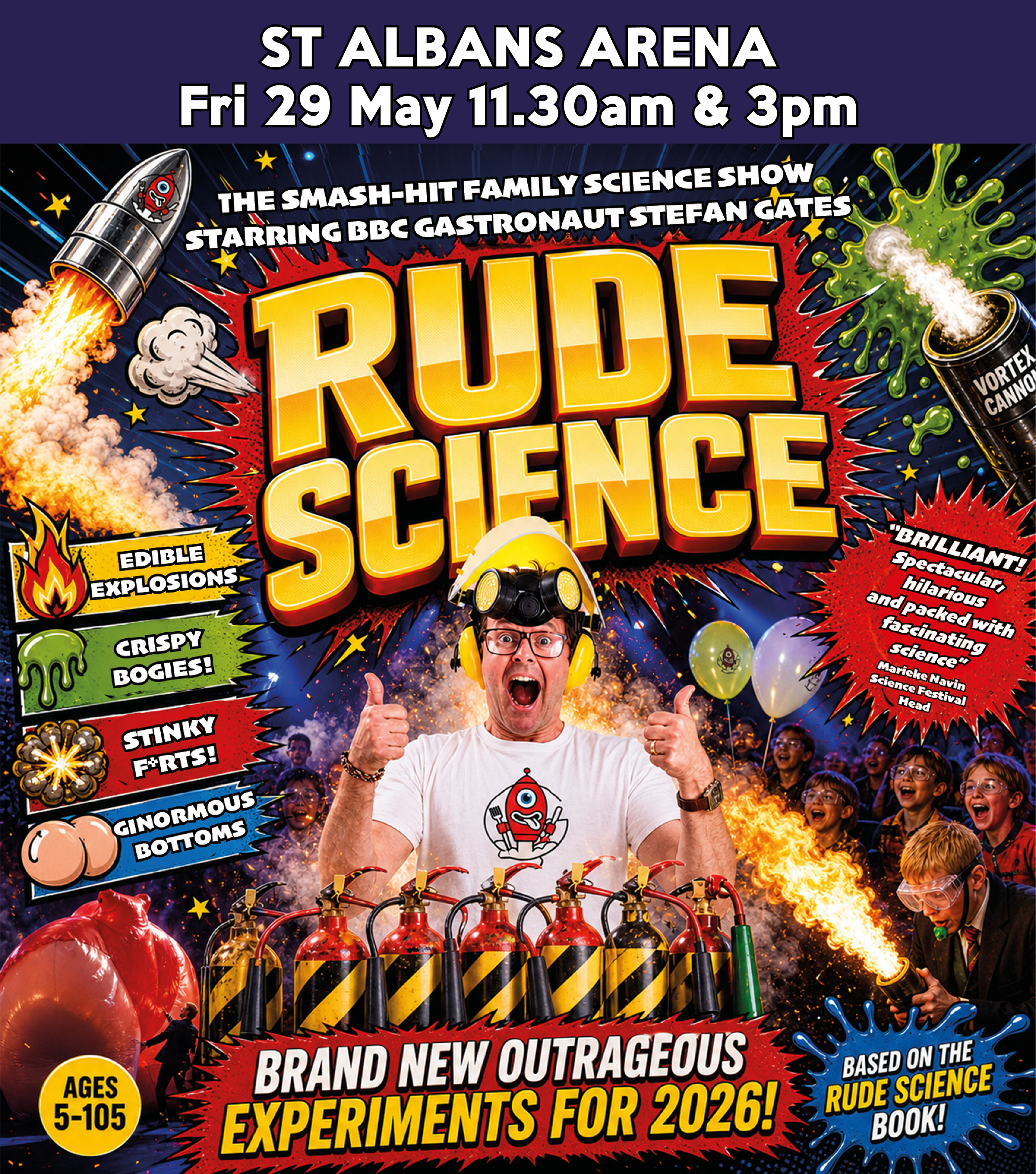 Show poster for Rude Science family theatre show in St Albans starring Stefan Gates