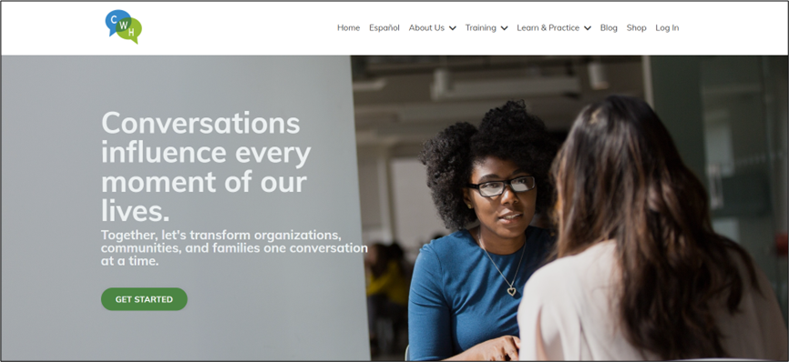 A single picture of the Conversations Worth Having website featuring two women in conversation as found at cwh.today