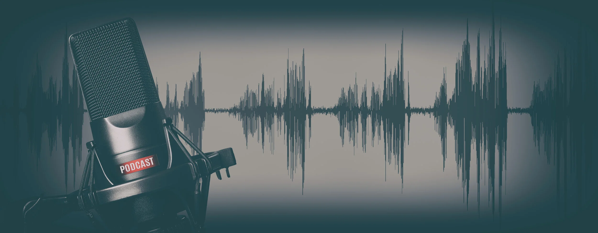 Retro style records podcasts concept. Microphone