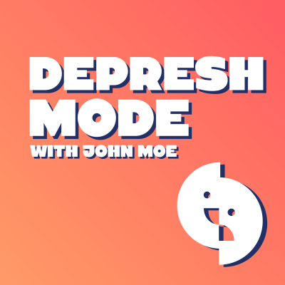Graphic logo for Depresh Mode with John Moe featuring bold white text and a stylized smiling face icon on a pink gradient background.