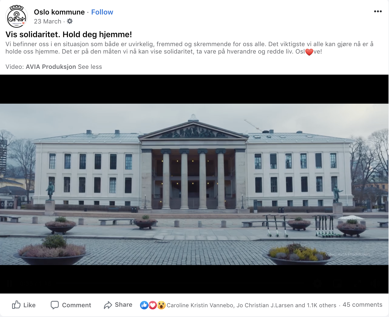 Skjermbilde av Oslo Kommune sin Facebookpost.