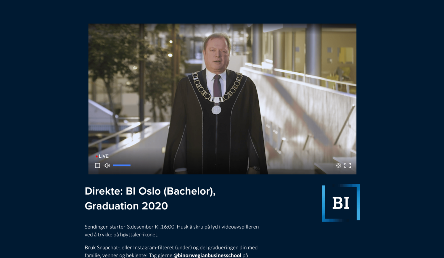 Eksempel fra BI sin graduation i 2020, der nettsiden ble tilpasset BI sin profil.