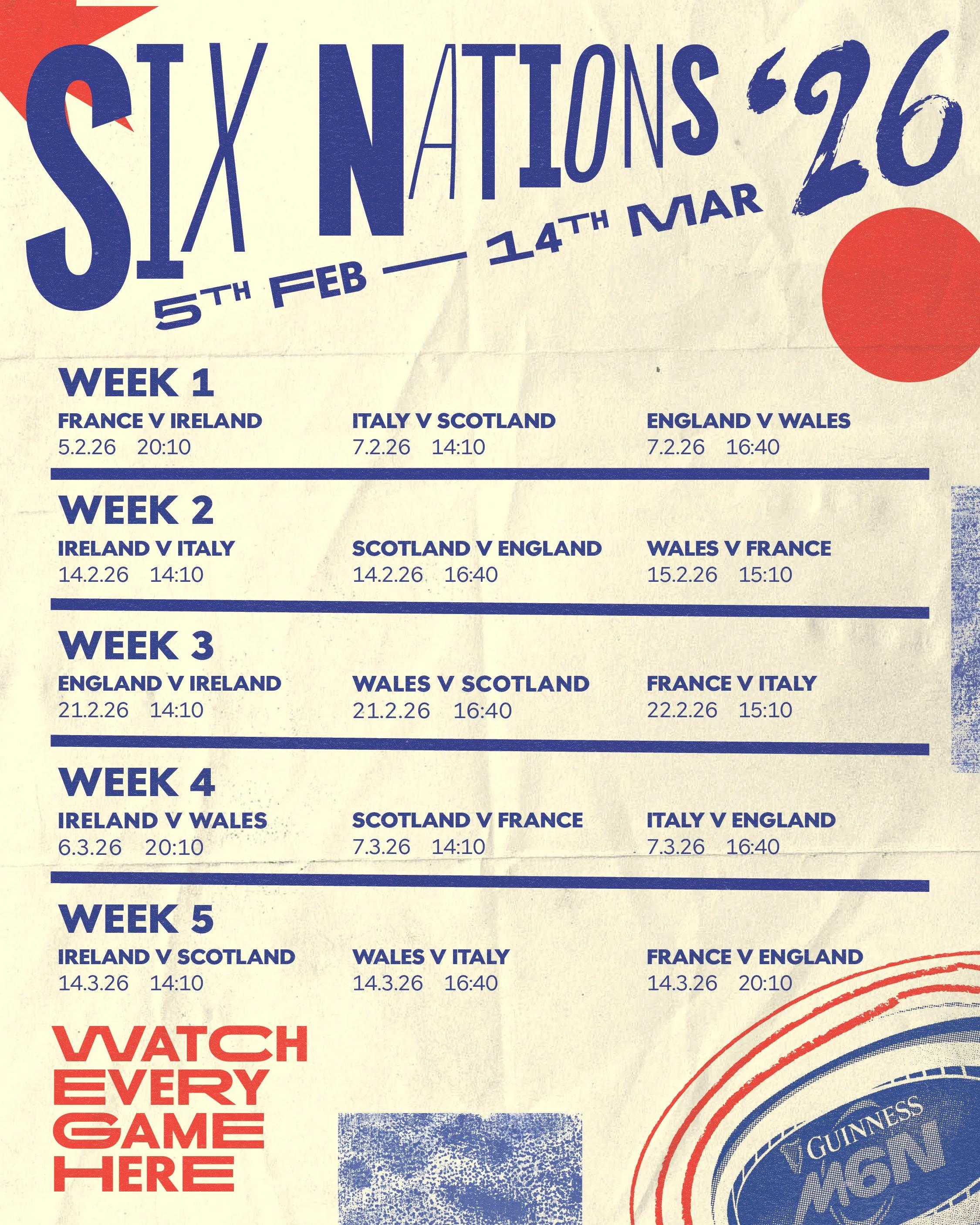 A poster for the 2016 Six Nations rugby tournament, showing the schedule of matches from February 5 to March 14, with team matchups, dates, and times.