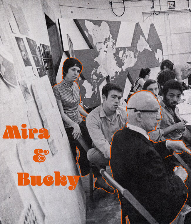 1969 World Game archival image. Mira is standing against the wall, and Buckminster Fuller is seated at front.