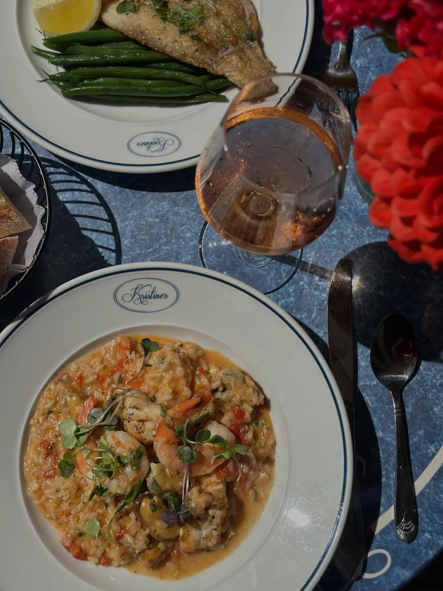 Our seafood risotto comes with monkfish, mussels and shrimp, a creamy Arborio rice, red bell peppers, leeks and is finished with a touch of lemon butter. 🥂