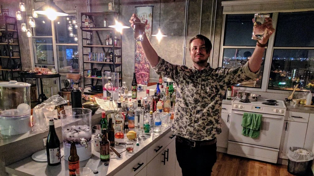 Eddy survived his first night making drinks for a big crowd on July 3, 2017. Seen here celebrating with water. Good job, Eddy.
