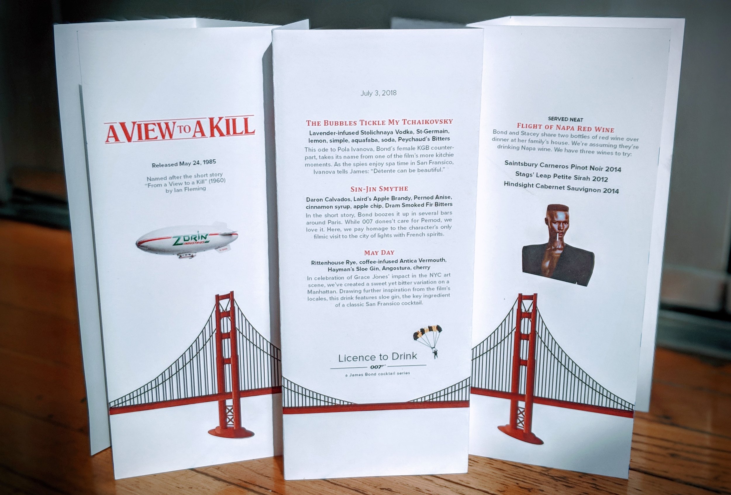 Our menu for the A View to a Kill party, Photo by Craig Ormiston
