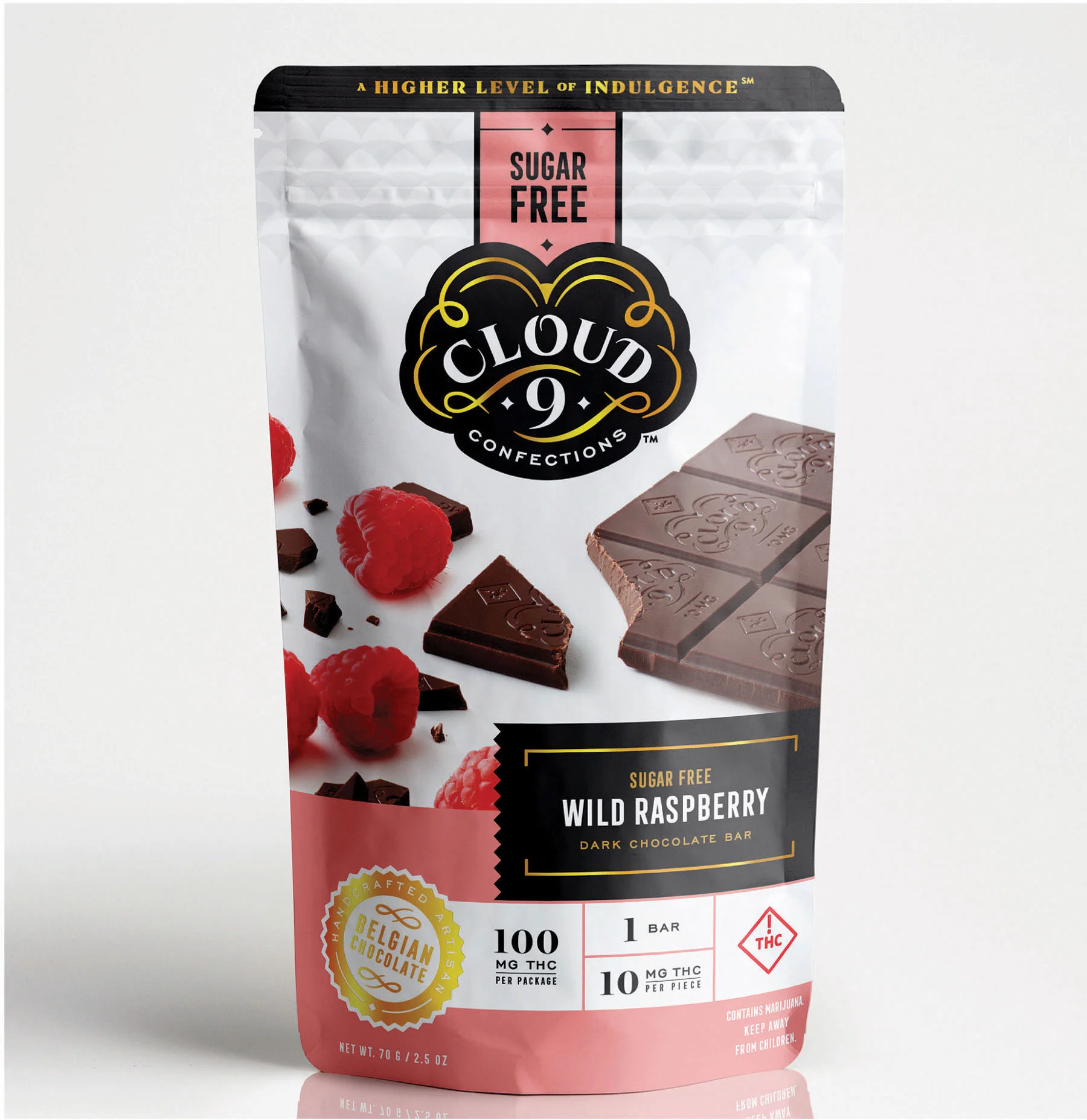 SUGAR FREE WILD RASPBERRY The same bright and fresh raspberry flavors to engulf your taste buds in a mile high wave of smooth dark chocolate… just without the sugar. Revolutionary. 10 mg THC / Piece // 100 mg THC / Package