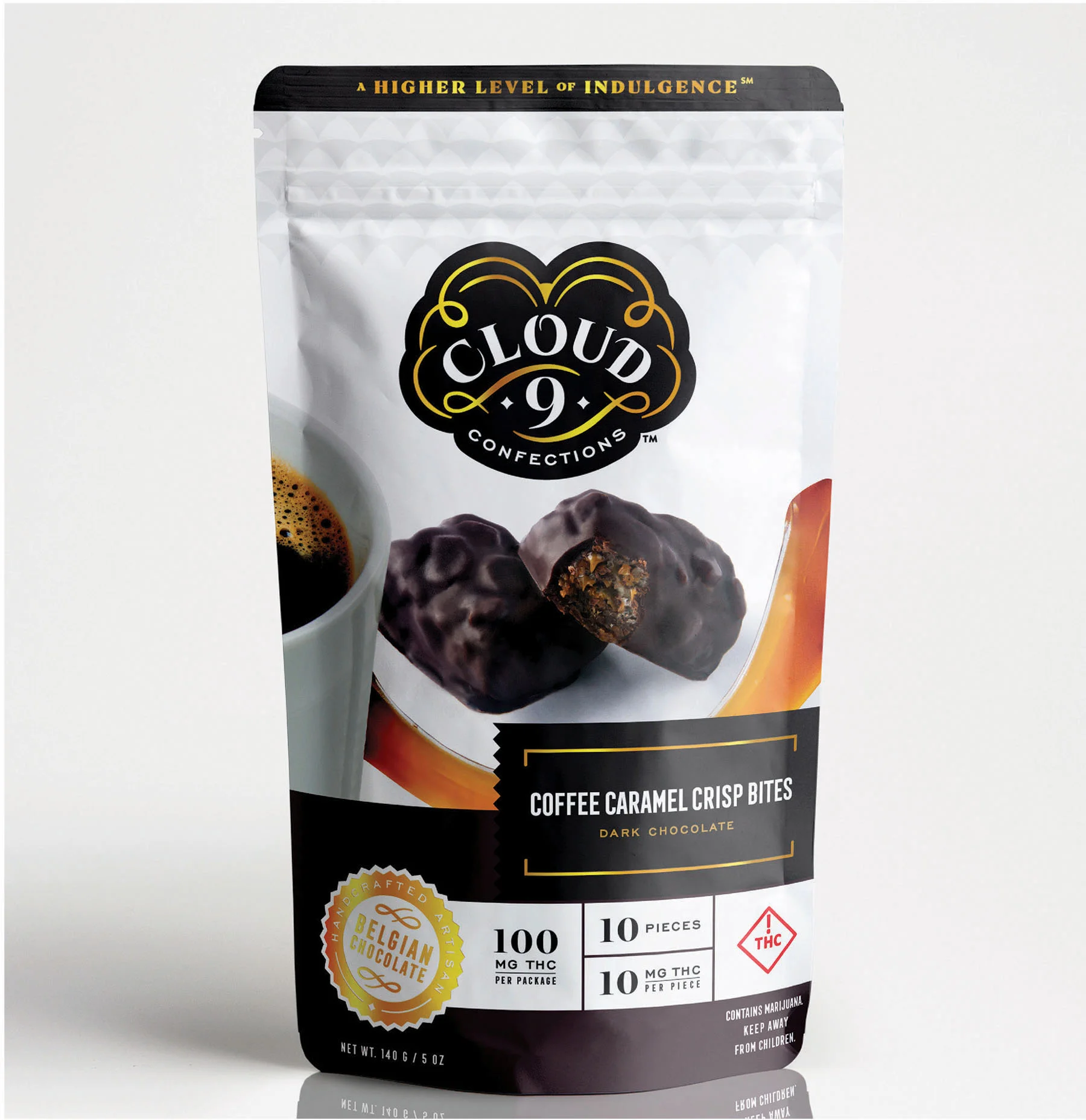 COFFEE CARAMEL CRISP BITES Each rich and dreamy bite has a crunchy puffed rice and chewy caramel center. All drenched in Belgium dark chocolate with a touch of coffee. 10 mg THC / Piece // 100 mg THC / Package