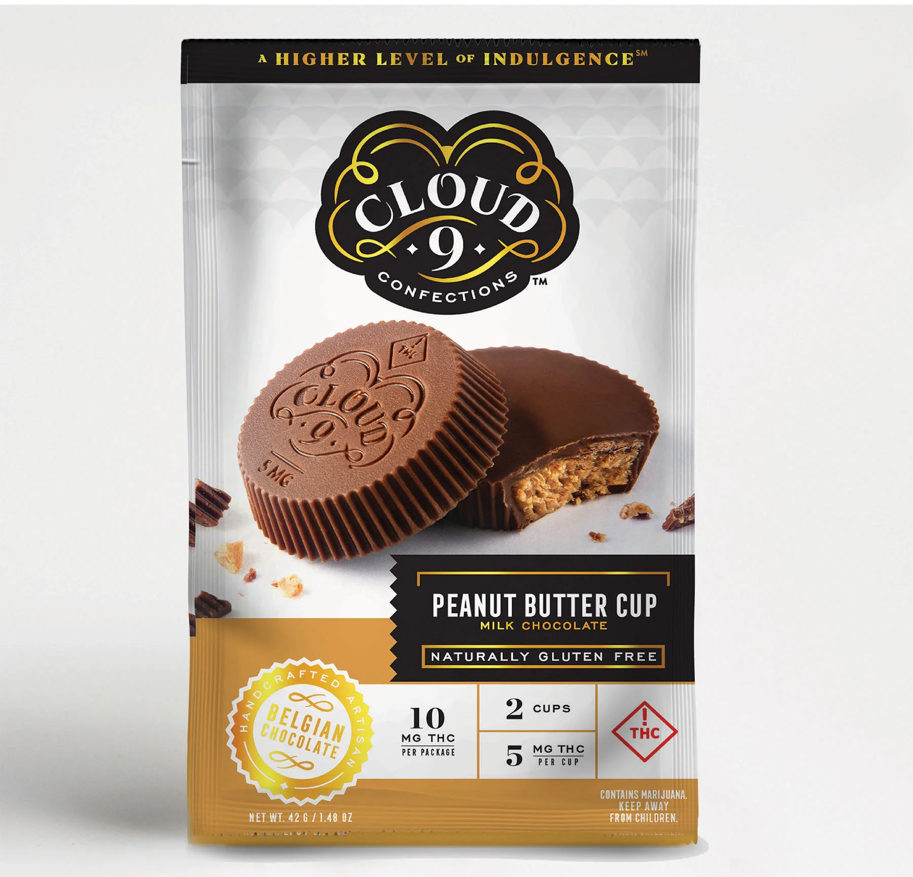 PEANUT BUTTER CUPS Belgian milk chocolate shells bursting with a creamy and smooth peanut butter filling. 5 mg THC / Piece // 10 mg THC / Package