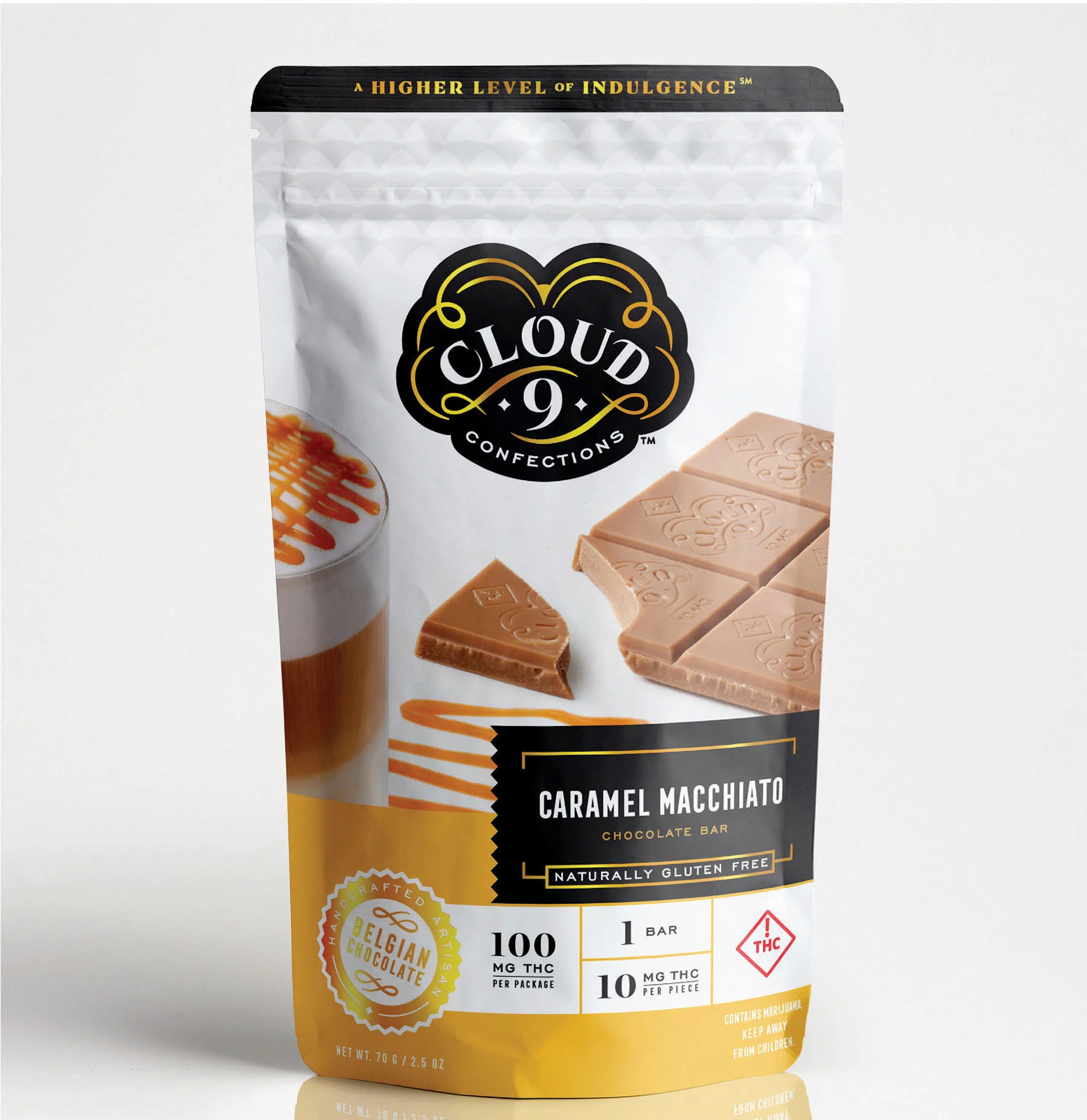 CARAMEL MACCHIATO This infused chocolate bar is unmistakably familiar to your morning treat with sweet caramel, tantalizing espresso, and chocolate all combined into each perfect 10 mg square. 10 mg THC / Piece // 100 mg THC / Package