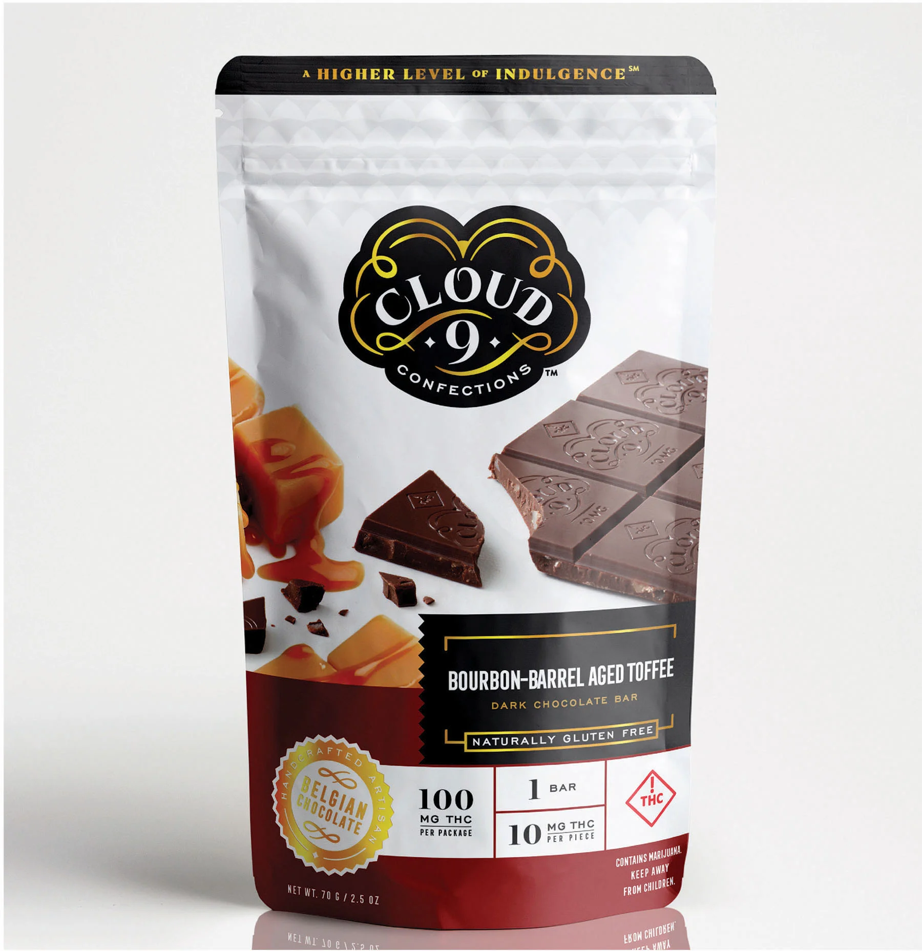 BOURBON-BARREL AGED TOFFEE Bits of toffee nestled in rich dark chocolate flavored with smokey bourbon notes and creamy caramel. 10 mg THC / Piece // 100 mg THC / Package