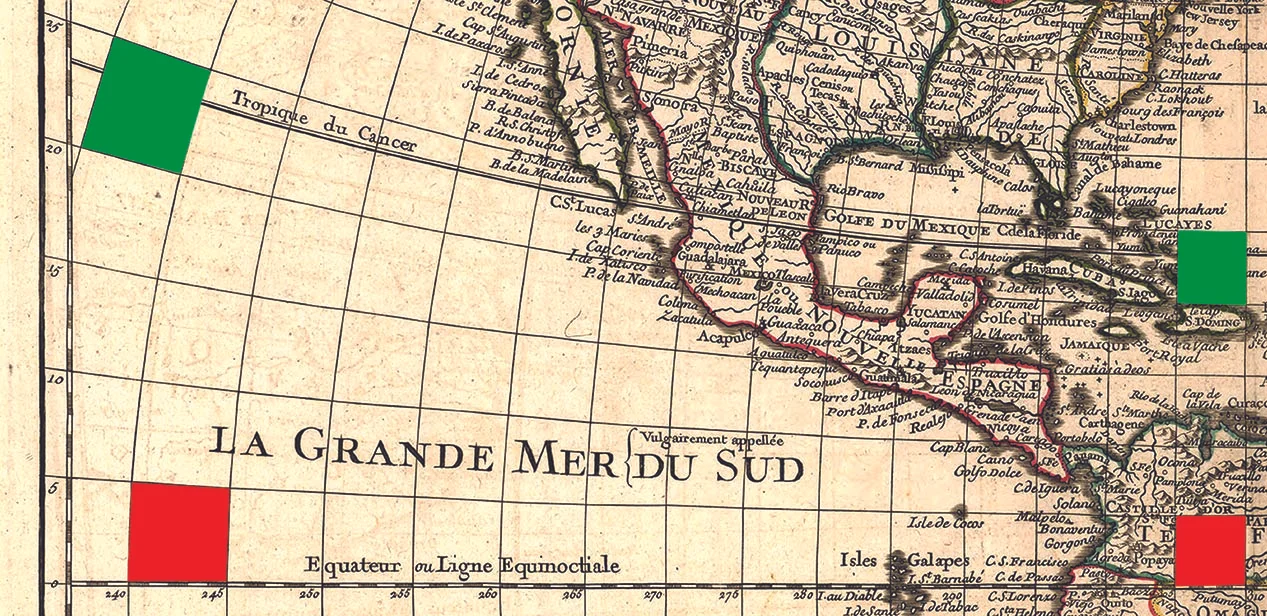 Fig. 2. A demonstration of areal distortion: each pair of quadrilaterals, the red and the green, has the same area on the earth but not on the map. Detail of Philippe Buache, after Guillaume Delisle, Carte d’Amerique dressée pour l’usage du Roy (Paris, 1780). Library of Congress.