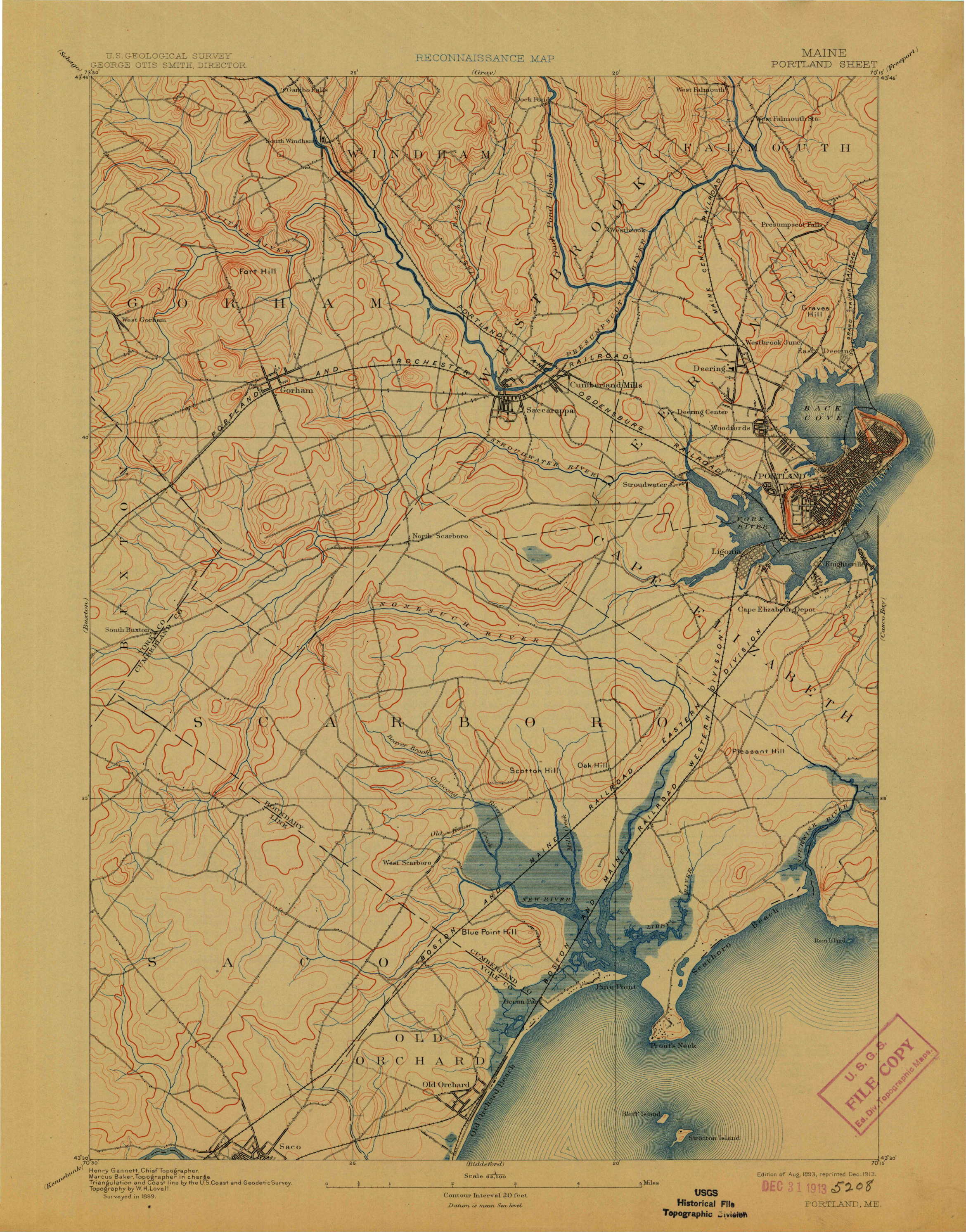 USGS, Portland, Me , 15' quadrangle, 1:62,500, surveyed in 1889, edition of 1893, reprinted 1913. You can download digital, georeferenced images of USGS topo quads from https://ngmdb.usgs.gov/topoview/ (just click “get maps”)
