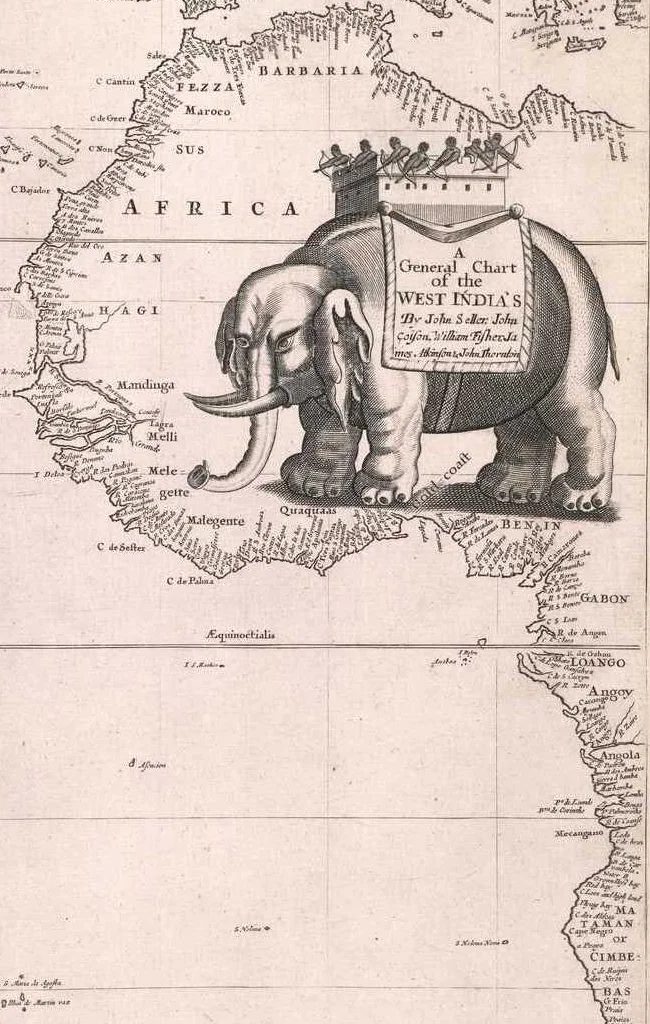 Detail of title cartouche on John Seller, A General Chart of the West India’s , from Seller’s Atlas minimus (London, ca. 1676): James Ford Bell Library, University of Minnesota; oSe 1675. See http://gallery.lib.umn.edu/exhibits/show/bell-atlas/item/1041