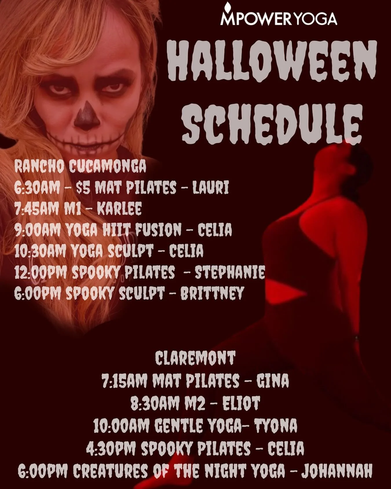 👻🎃 Get ready for a spooktacular week at MPower Yoga! Our Halloween schedule is packed with all your favorite teachers, spooky playlists, and sweet treats at both our Claremont and Rancho Cucamonga studios. 🧘&zwj;♀️🕸️✨

Come move, sweat, and celeb