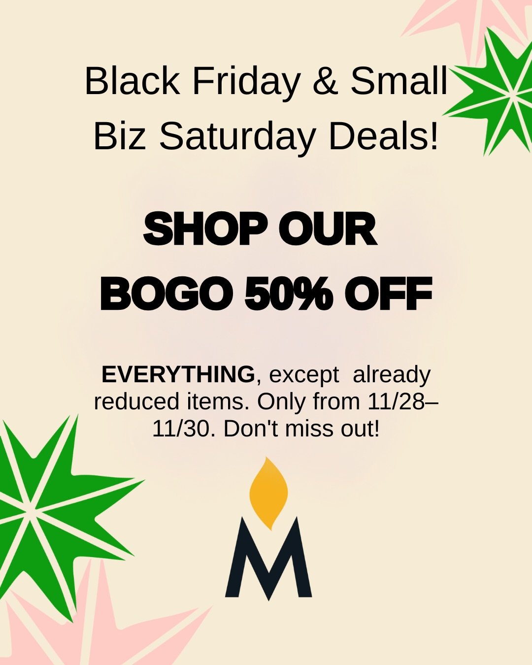 Score BIG on Black Friday + Small Business Saturday! BOGO 50% OFF in-store items 11/28&ndash;11/30. Already reduced items get an extra 50% OFF! 15% off online class packages with code BF15. 

Class packages expire six months from the purchase date wi